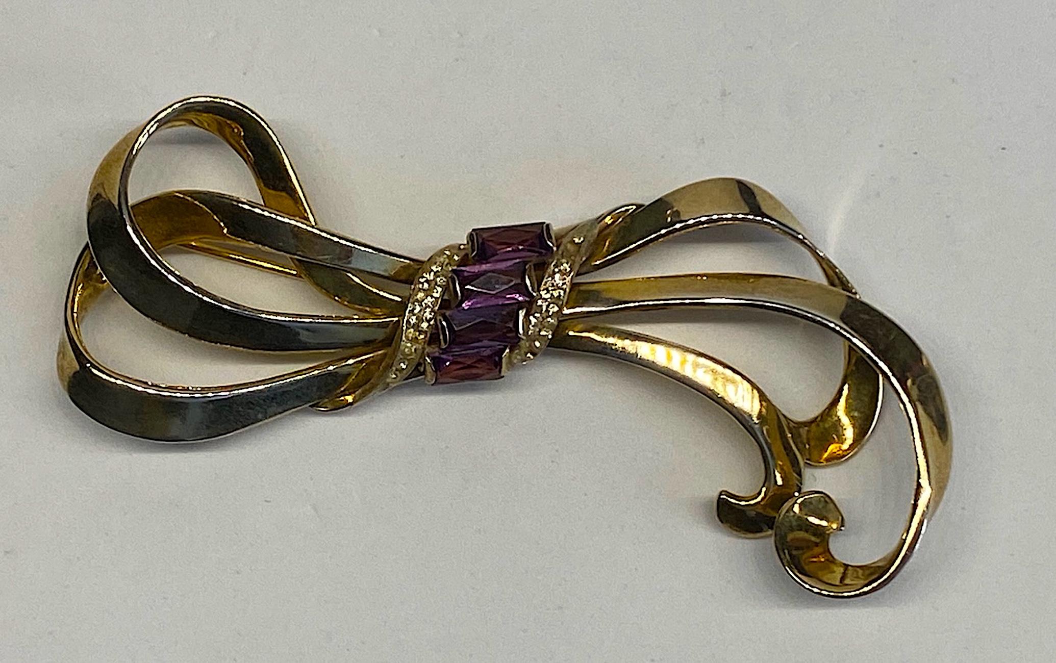 Nordic 1940s Sterling Vermeil Large Bow Brooch For Sale 7