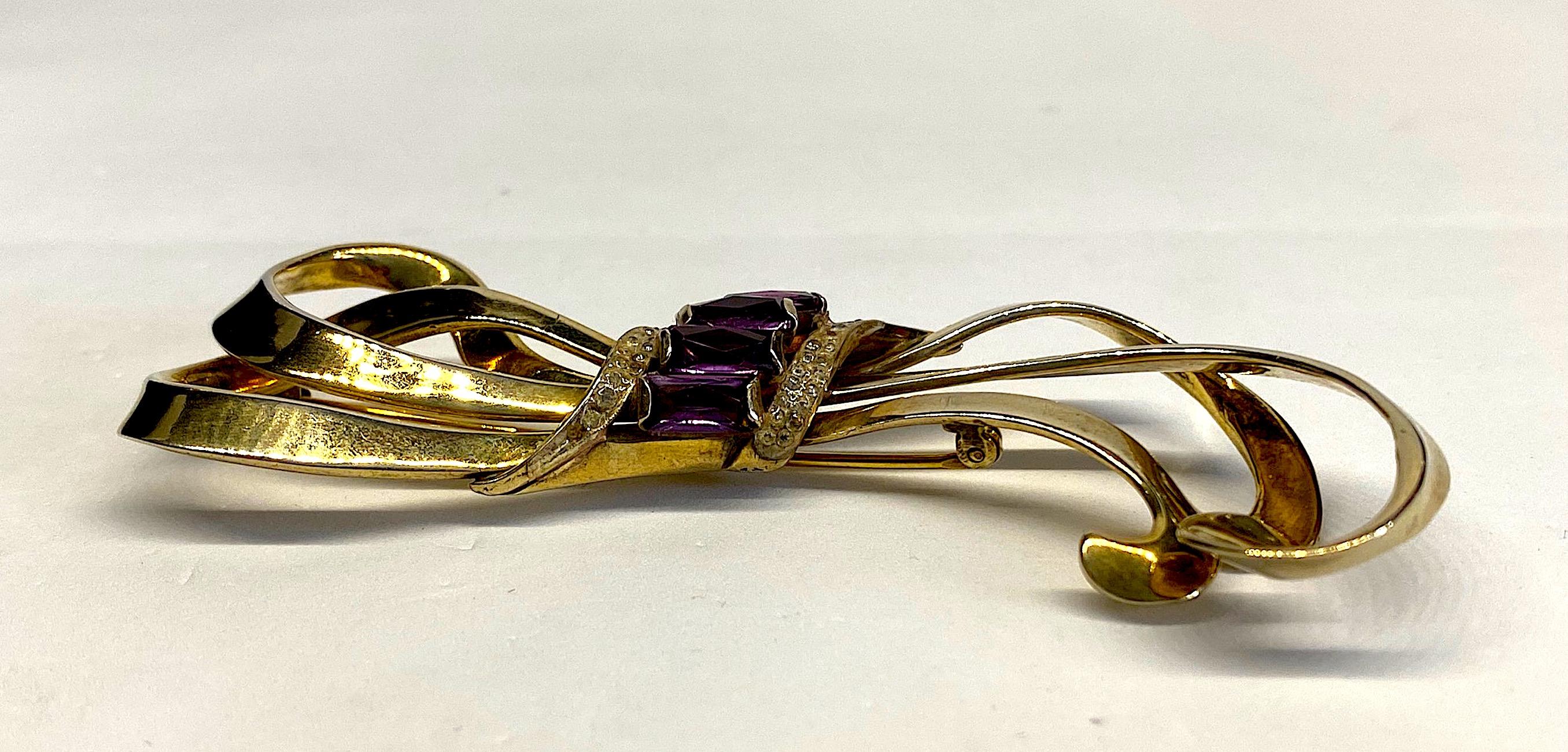 Nordic 1940s Sterling Vermeil Large Bow Brooch For Sale 8