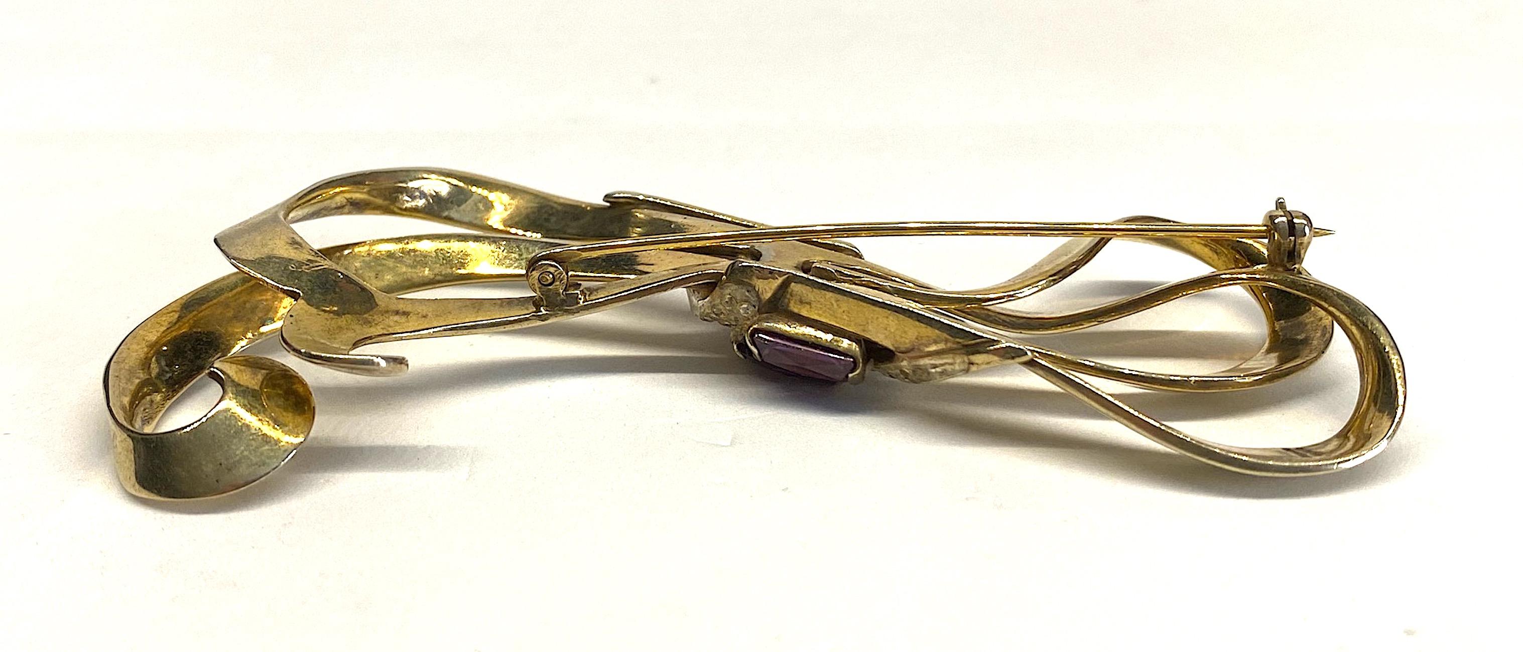 Women's or Men's Nordic 1940s Sterling Vermeil Large Bow Brooch For Sale