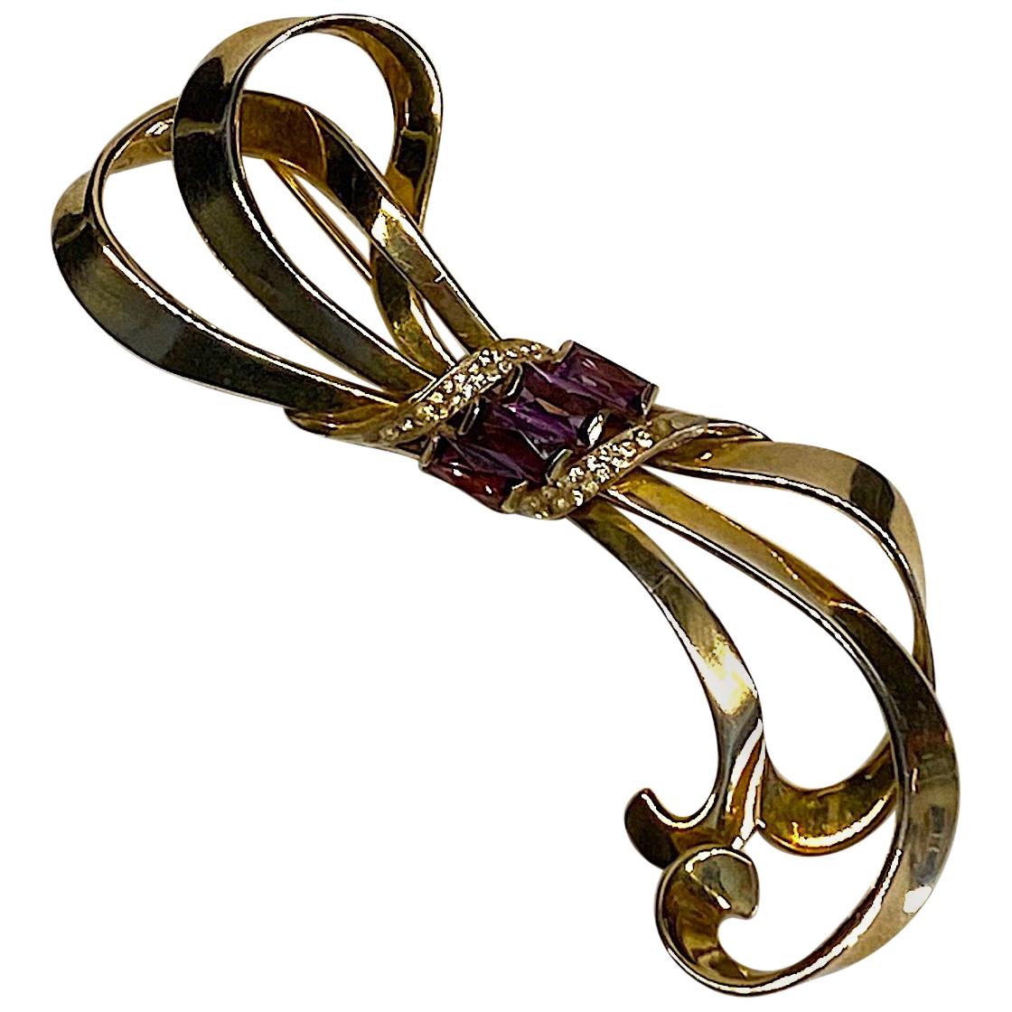 Nordic 1940s Sterling Vermeil Large Bow Brooch For Sale