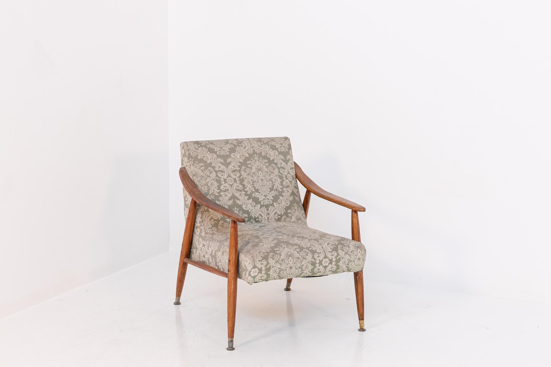 Brass Nordic Armchair in Wood and Damask Fabric For Sale