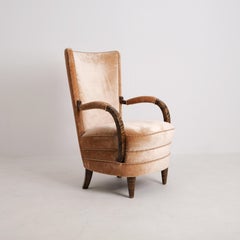 Nordic Art Deco Armchair in Curly Flaming Birch and Peach Velvet, Finland 1930s