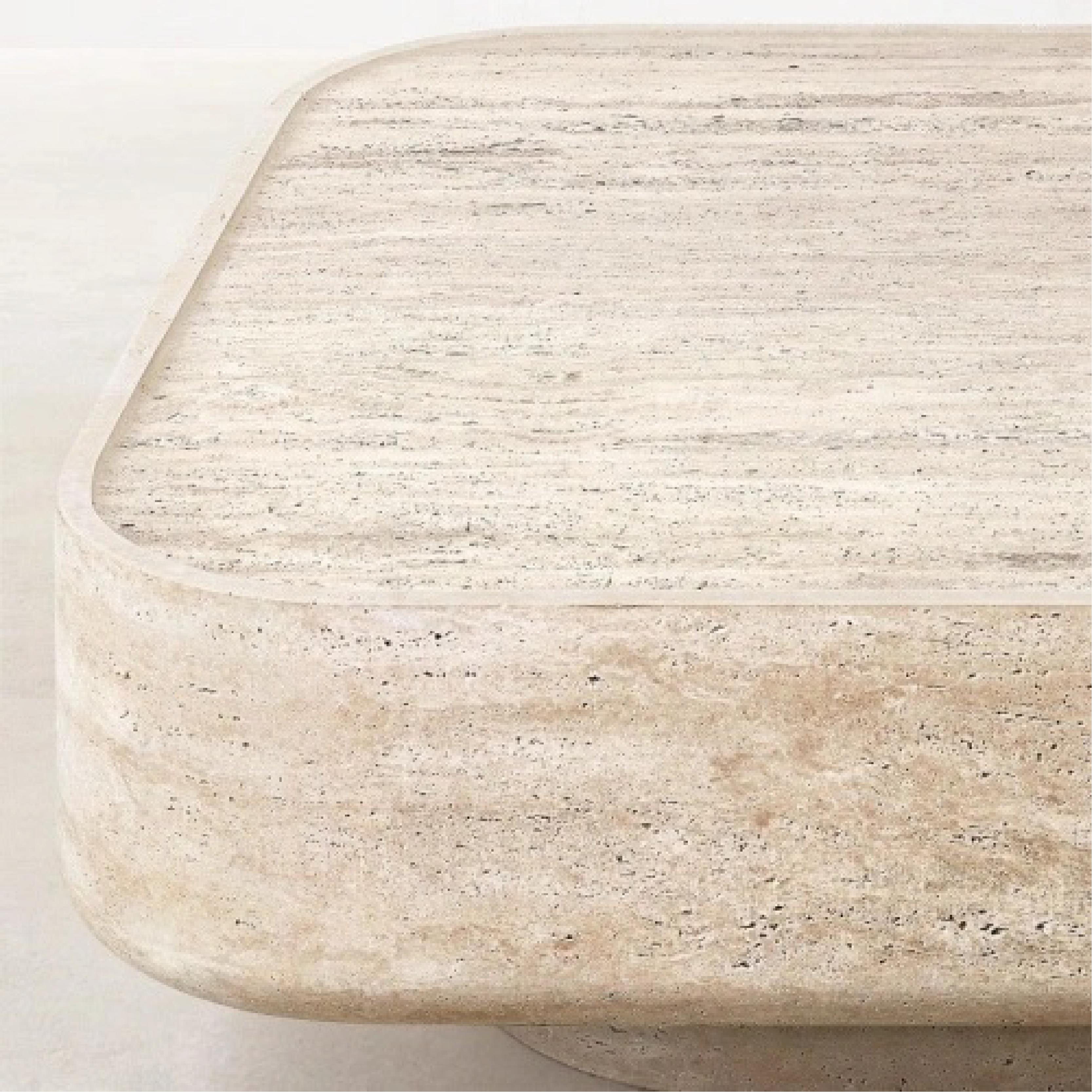 Inspired by the beauty found in imperfection, the Nordic Destruction design embraces a raw aesthetic, celebrating the authenticity of natural materials. The juxtaposition of the sleek rectangular form with the natural allure of travertine lends an
