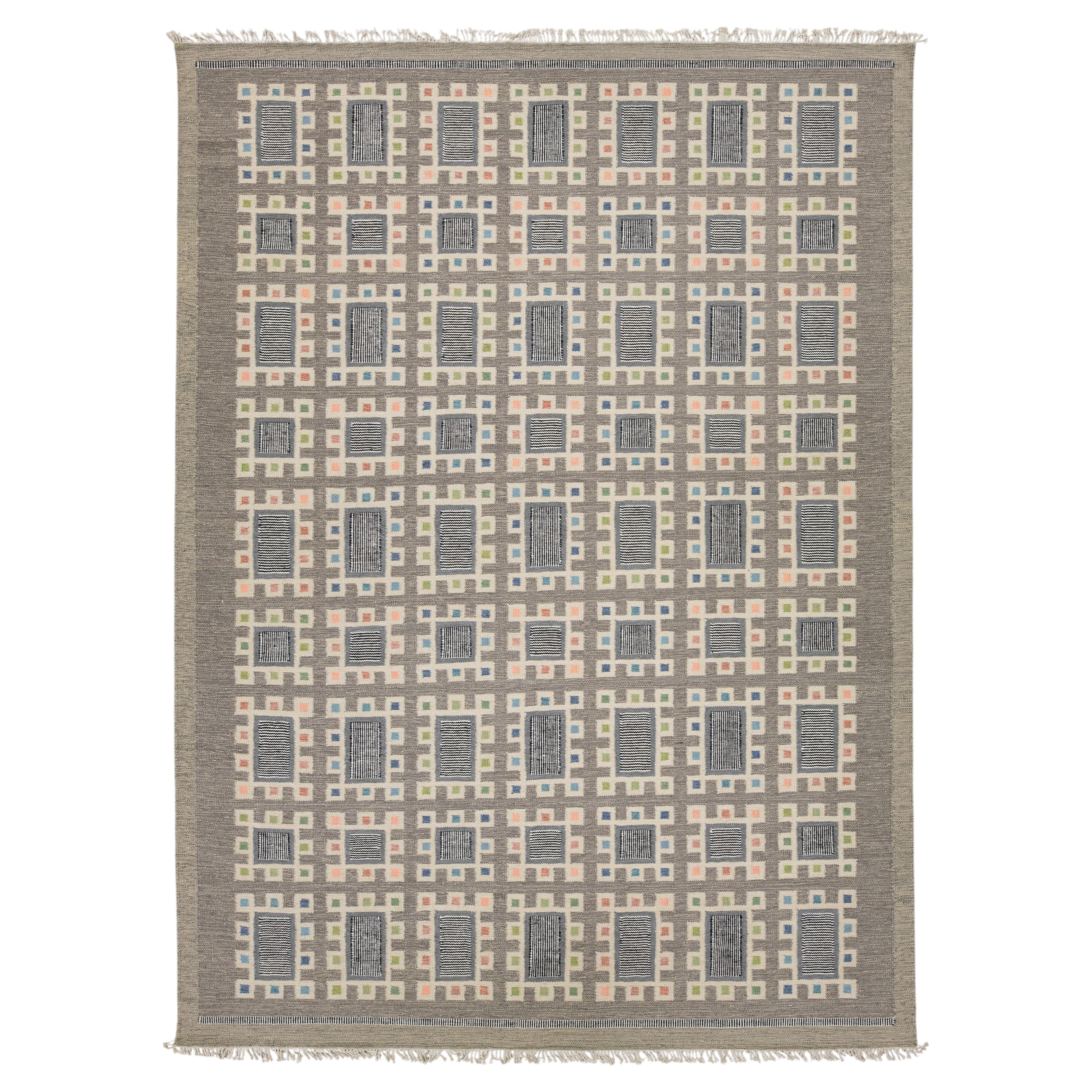 Nordic Geometric Handmade Wool Flatweave Rug in Charcoal, Off-White, and Pastels