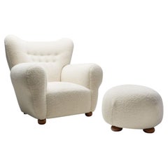 Nordic Modern Armchair and Ottoman with Bun Feet, Scandinavia, ca 1950s