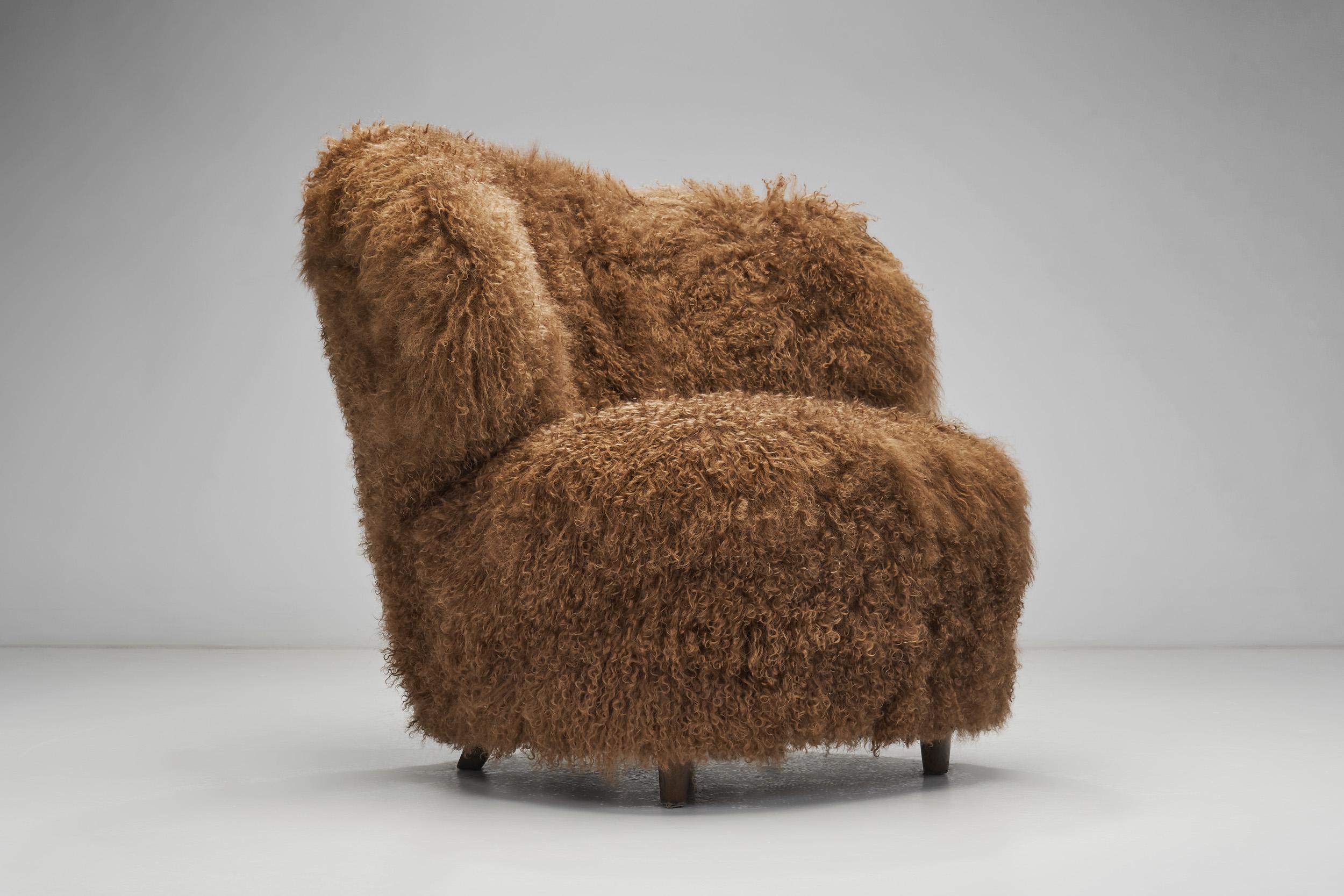 Mid-20th Century Nordic Modern Lounge Chairs in Longhair Sheepskin, Finland ca 1950s For Sale