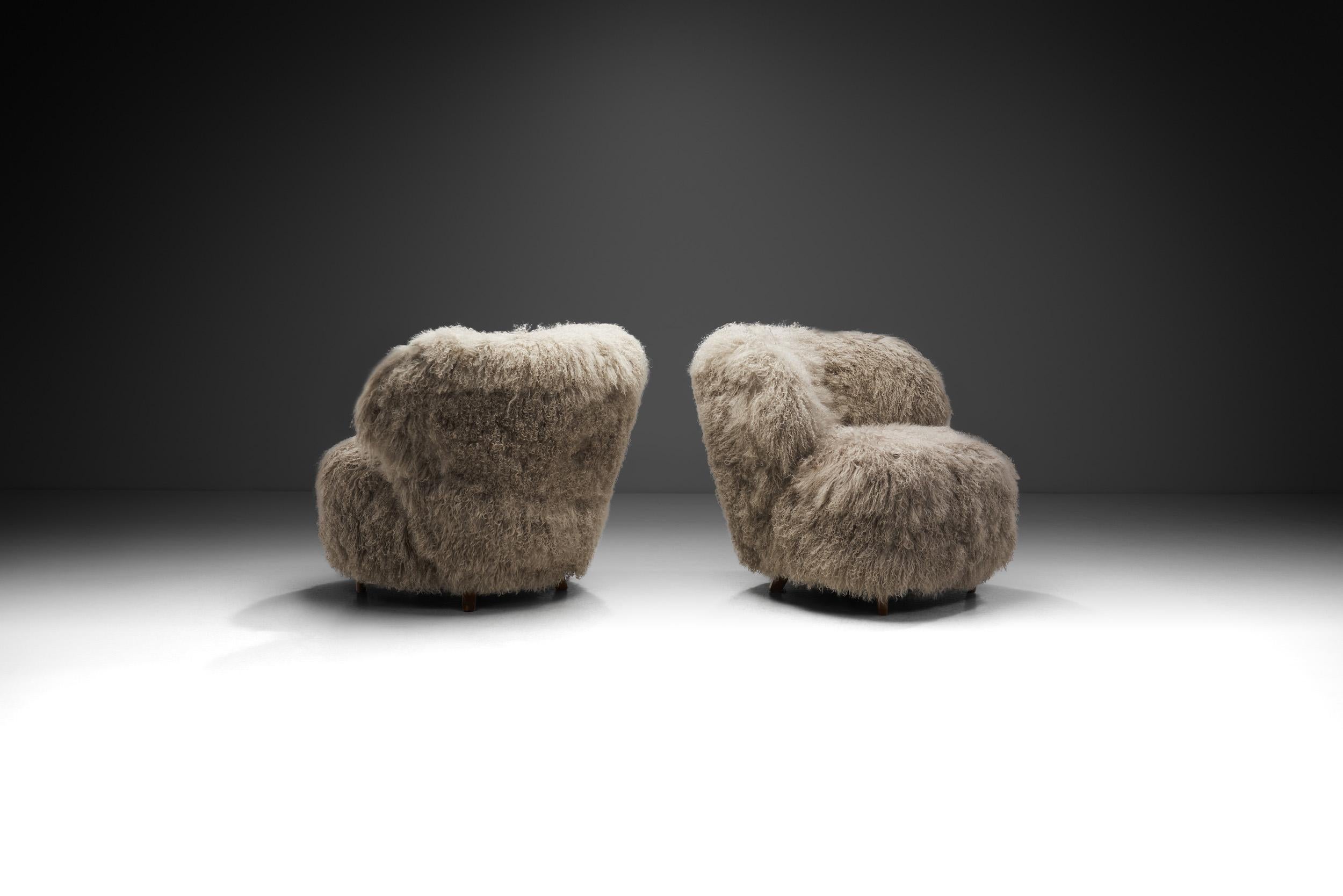 Finnish Nordic Modern Lounge Chairs in Mongolian Shearling, Finland ca 1950s For Sale