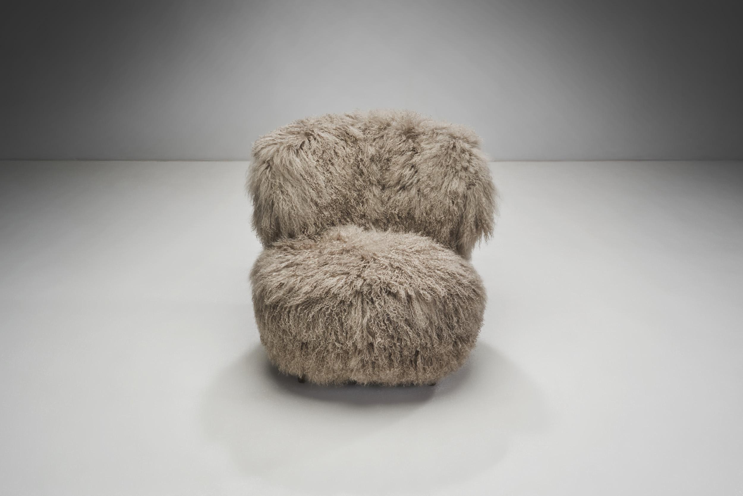 Mid-20th Century Nordic Modern Lounge Chairs in Mongolian Shearling, Finland ca 1950s For Sale