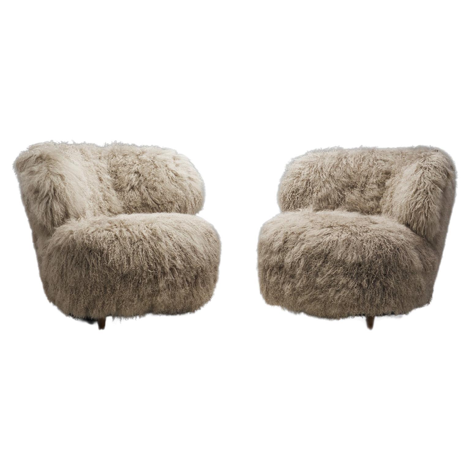 Nordic Modern Lounge Chairs in Mongolian Shearling, Finland ca 1950s For Sale