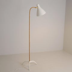 Nordic Modern Paavo Tynell Floor Lamp 9603 White, Brass & Rattan, Taito 1950s