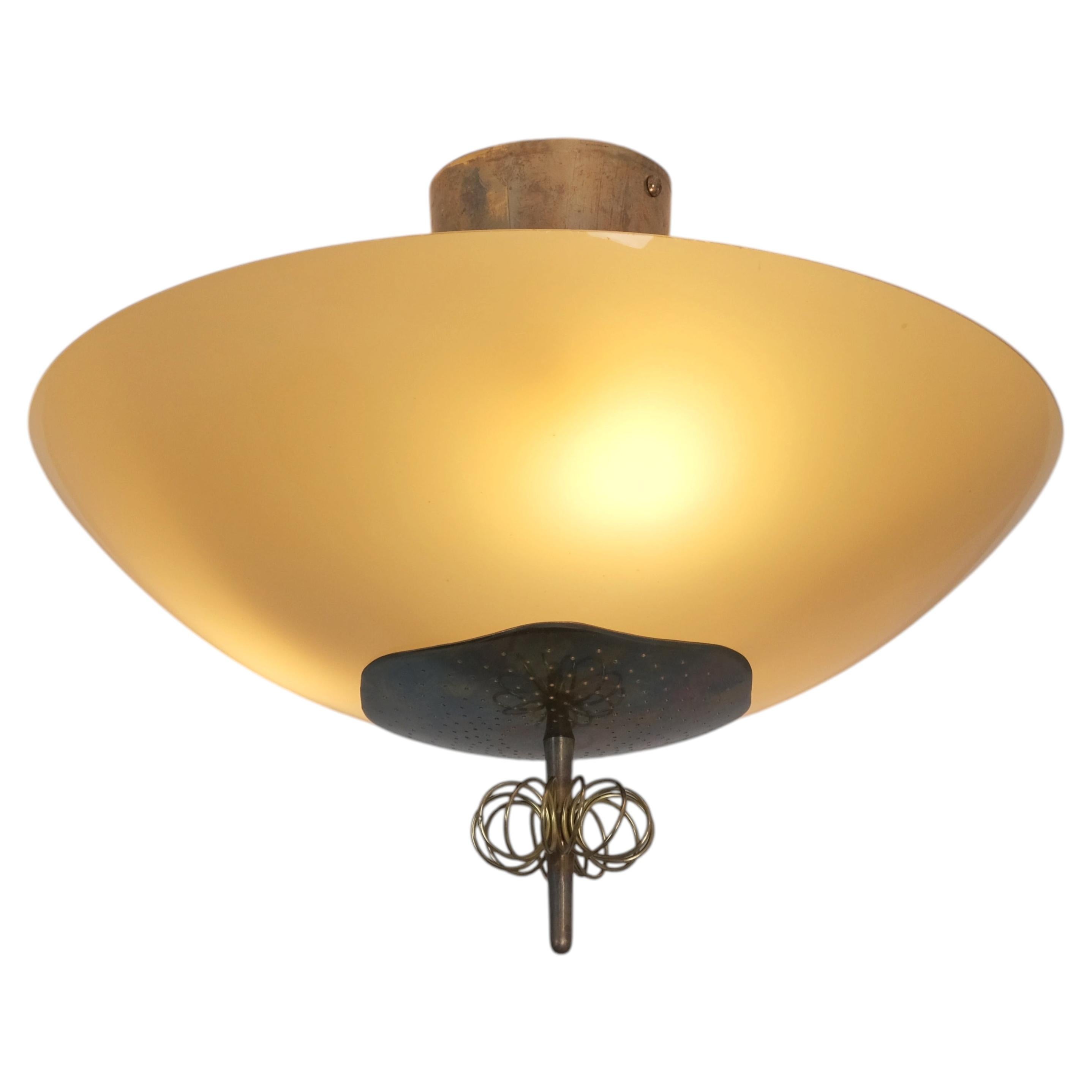 Nordic Modern Paavo Tynell Flush Mount, Perforated Brass & Glass, Taito 1940s