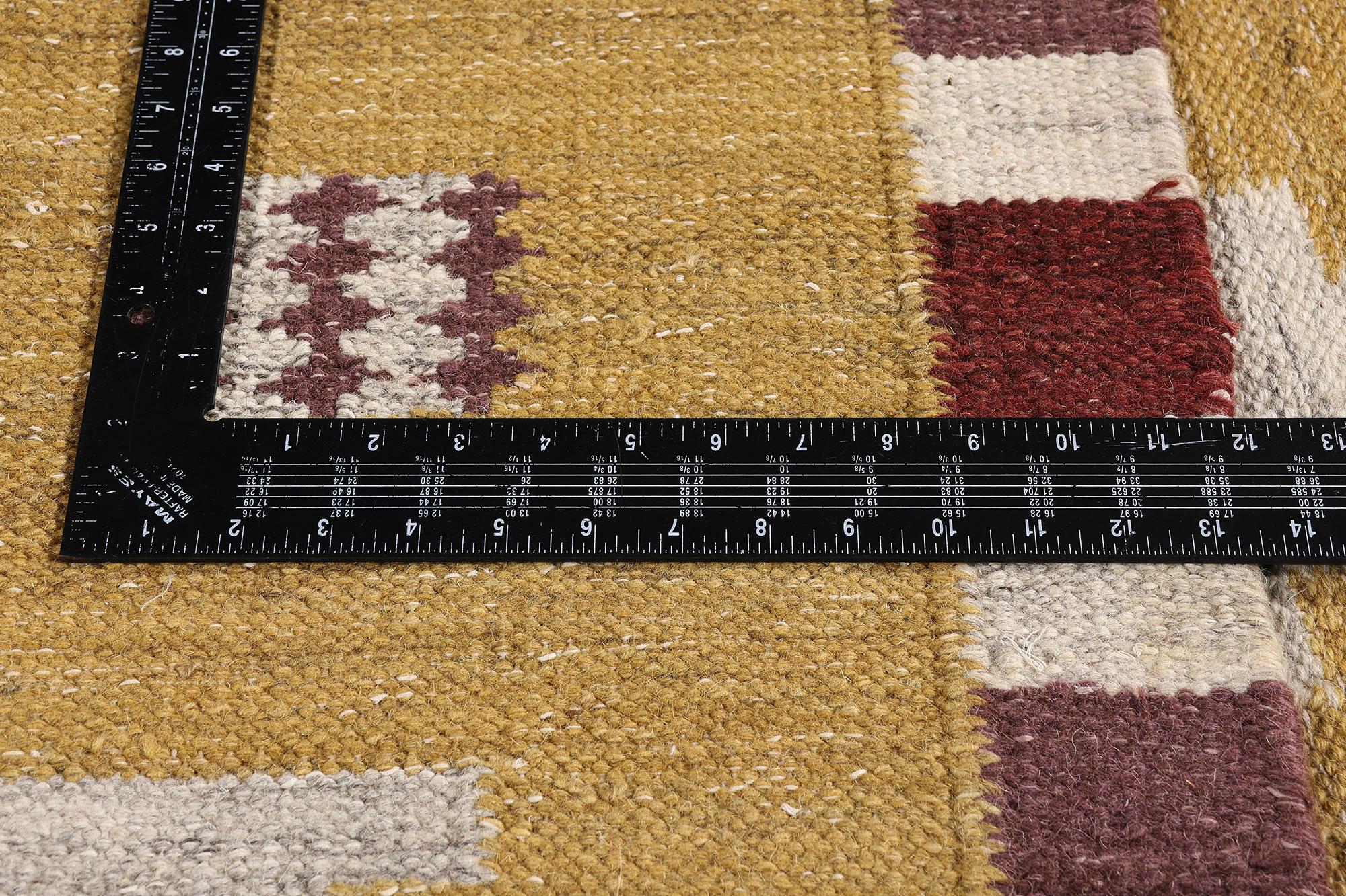 30674 New Scandinavian Swedish-Inspired Kilim Rug, 09'00 x 11'06. Behold a radiant ode to the legacy of Scandinavian Modernism—a handwoven wool kilim that channels the spirit of mid-century Swedish design through the golden lens of Gula Havet—“The