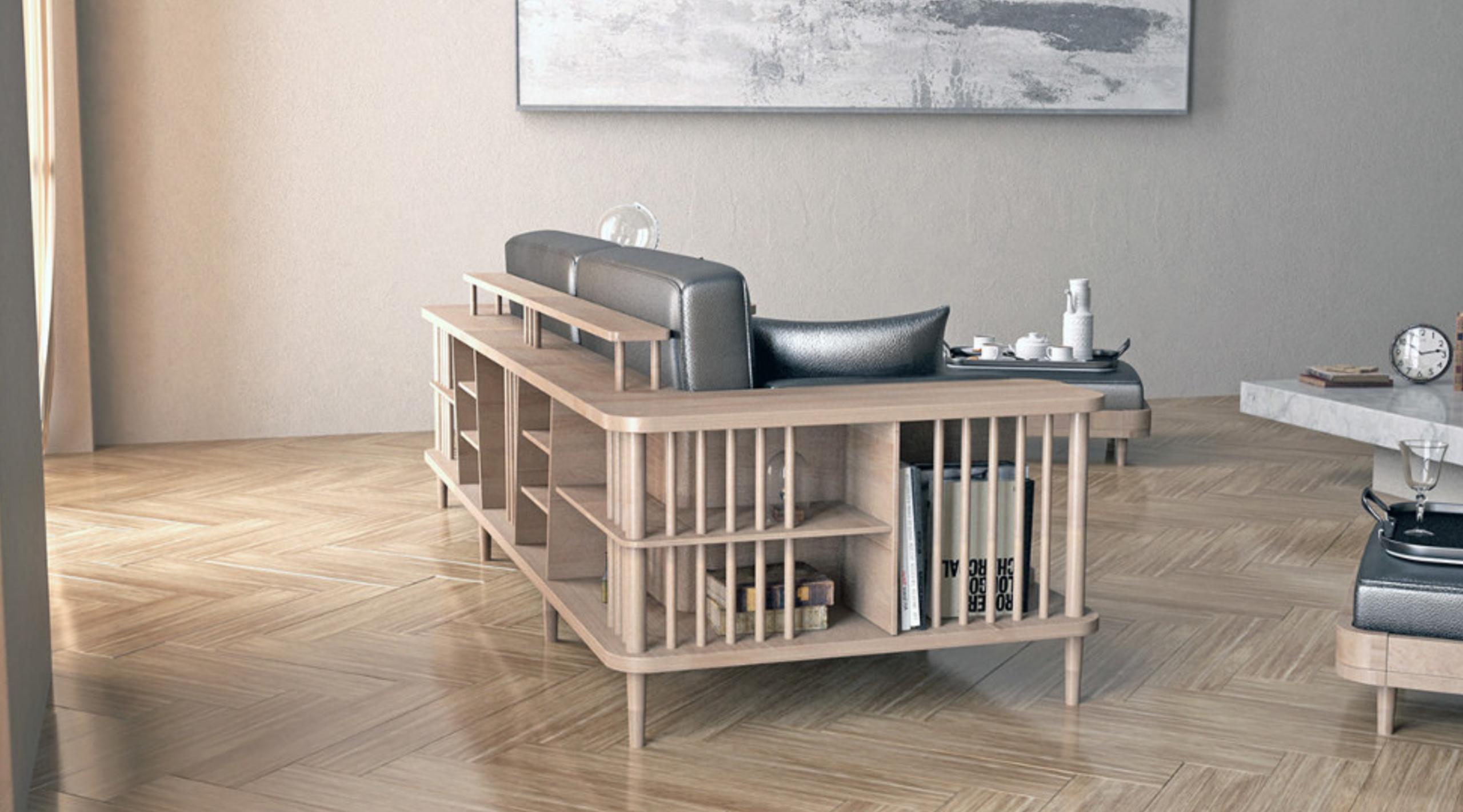 Nordic Style Sofa and Bookshelf Room Divider in Walnut or Oak 3