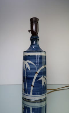 1970s Blue, White Palm Decor Ceramic Table Lamp