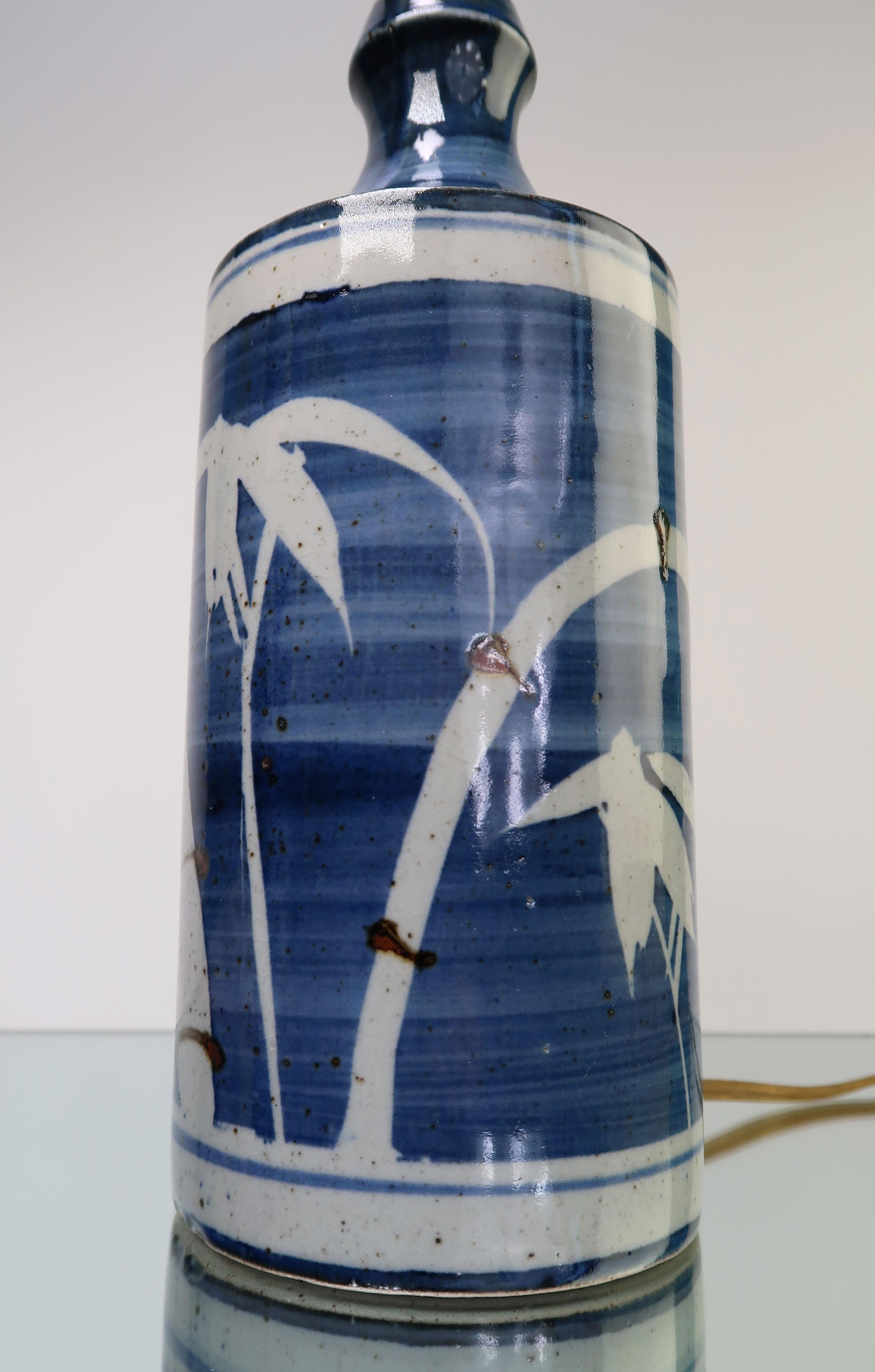 1970s Blue, White Palm Decor Ceramic Table Lamp For Sale 1