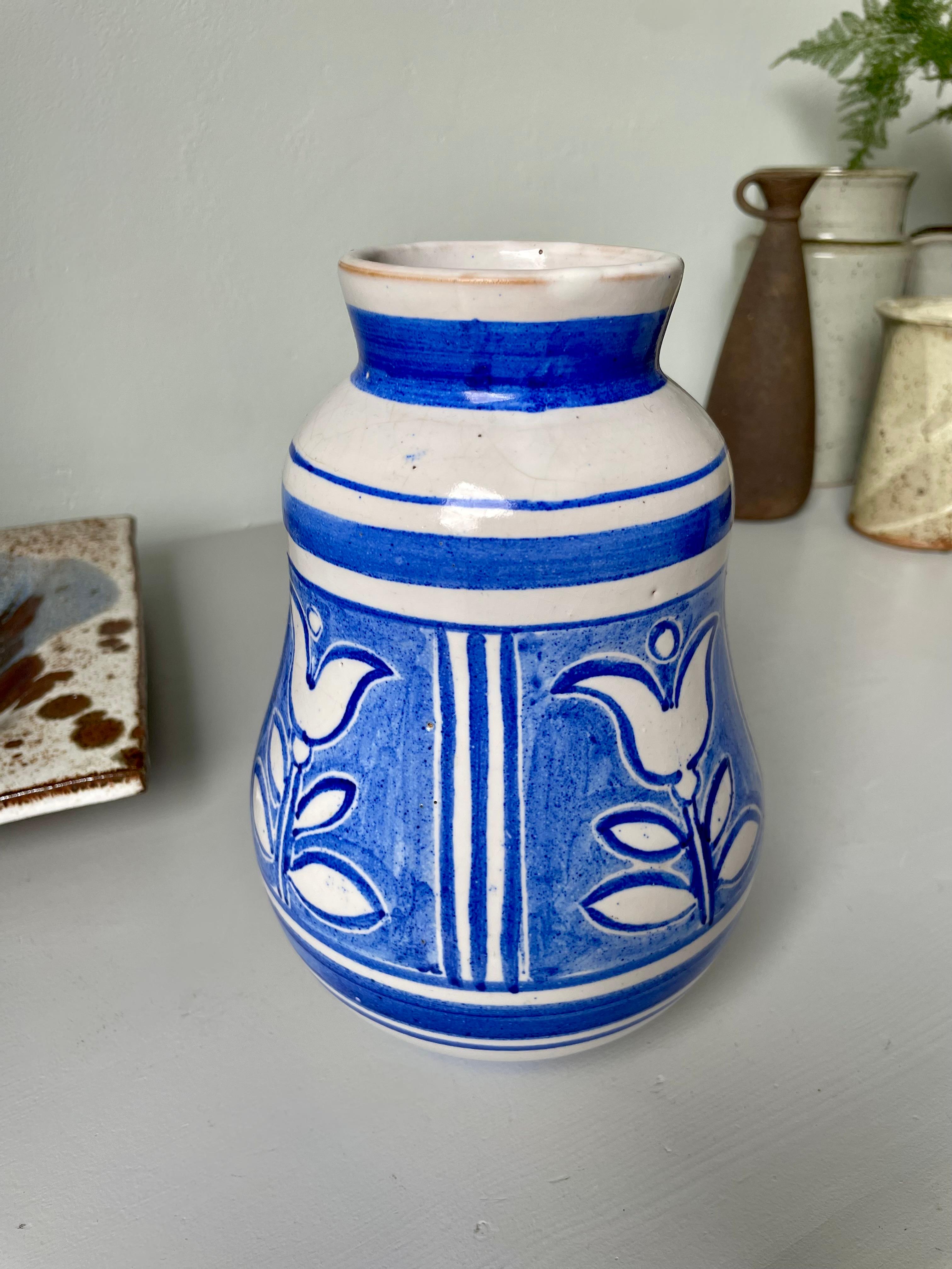 Nordic White Hand-Decorated Blue Floral Ceramic Vase, 1950s For Sale 3
