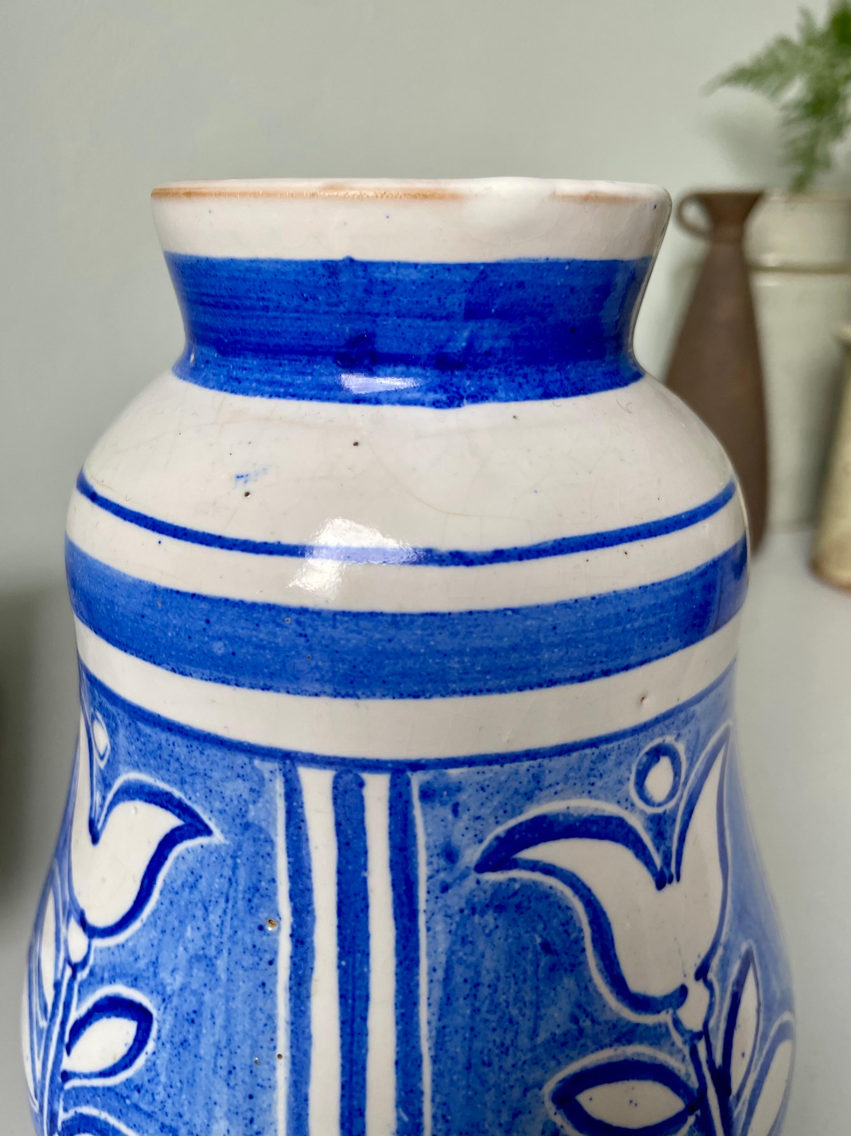 Nordic White Hand-Decorated Blue Floral Ceramic Vase, 1950s For Sale 5