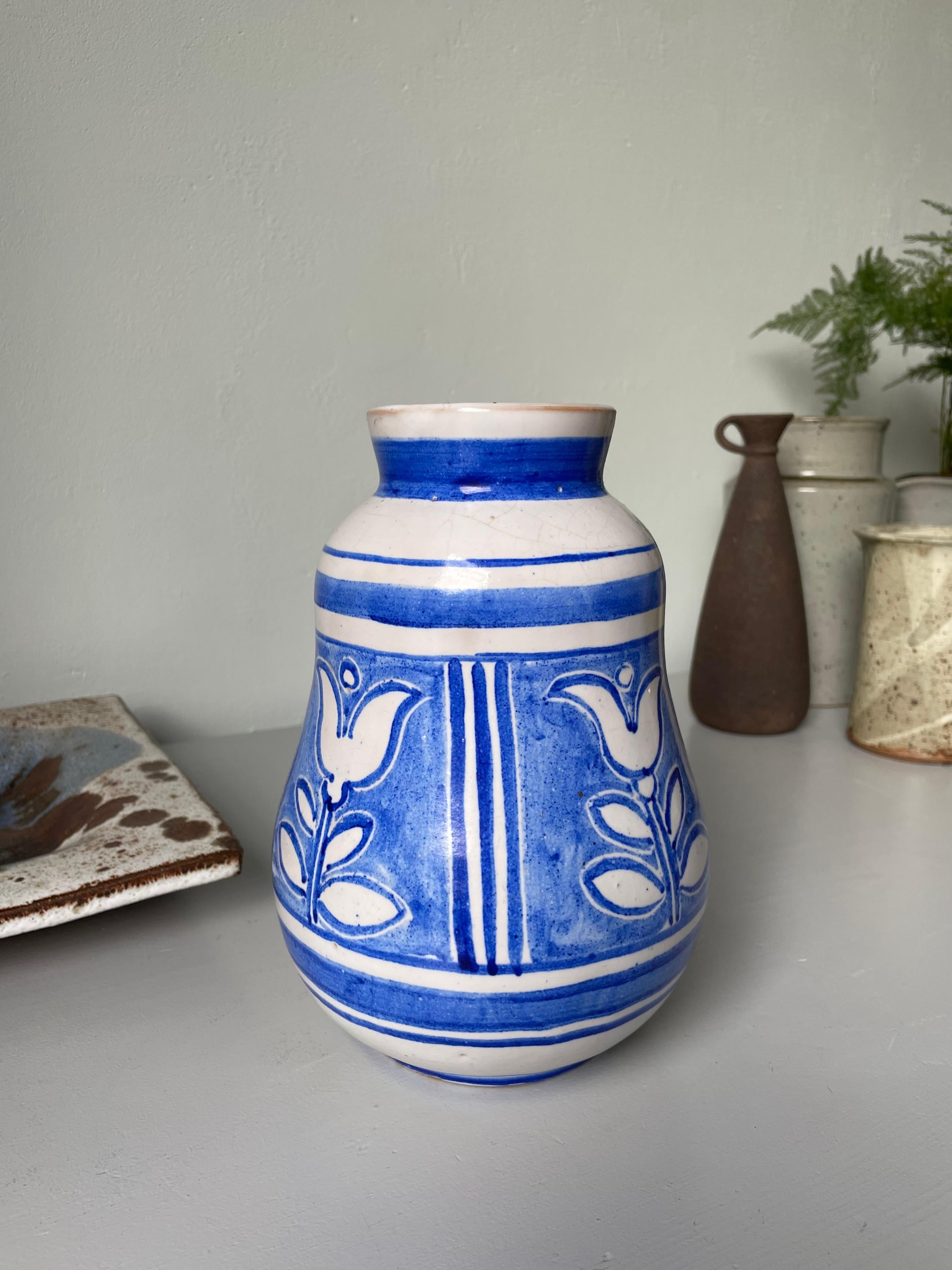 Mid-Century Modern Nordic White Hand-Decorated Blue Floral Ceramic Vase, 1950s For Sale