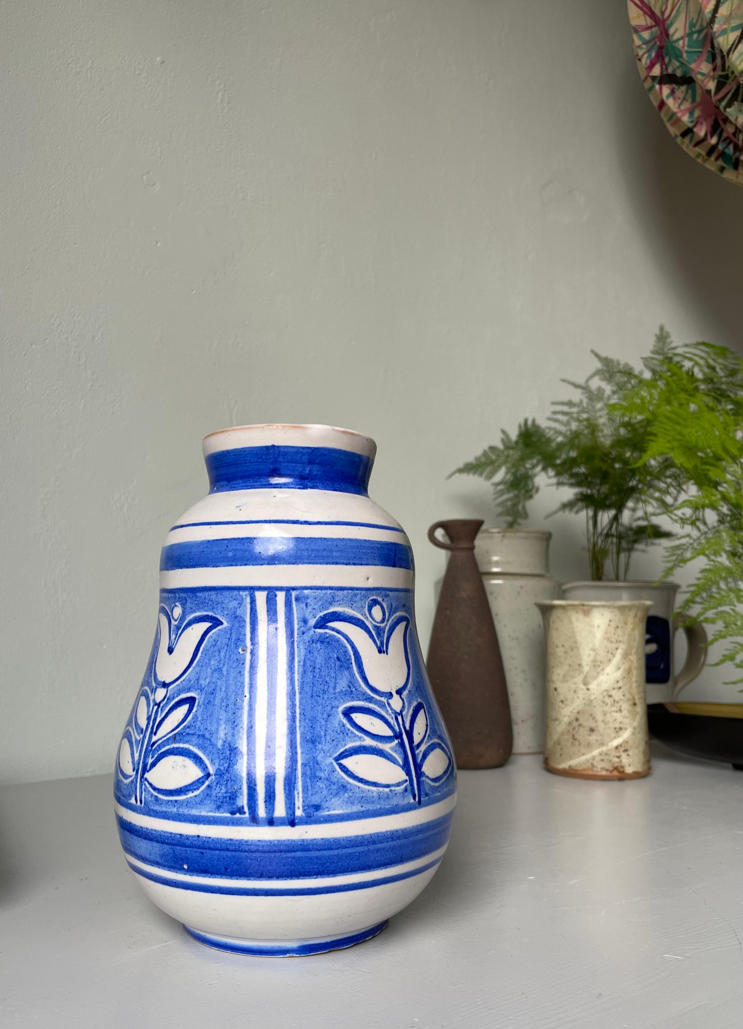 Scandinavian Nordic White Hand-Decorated Blue Floral Ceramic Vase, 1950s For Sale
