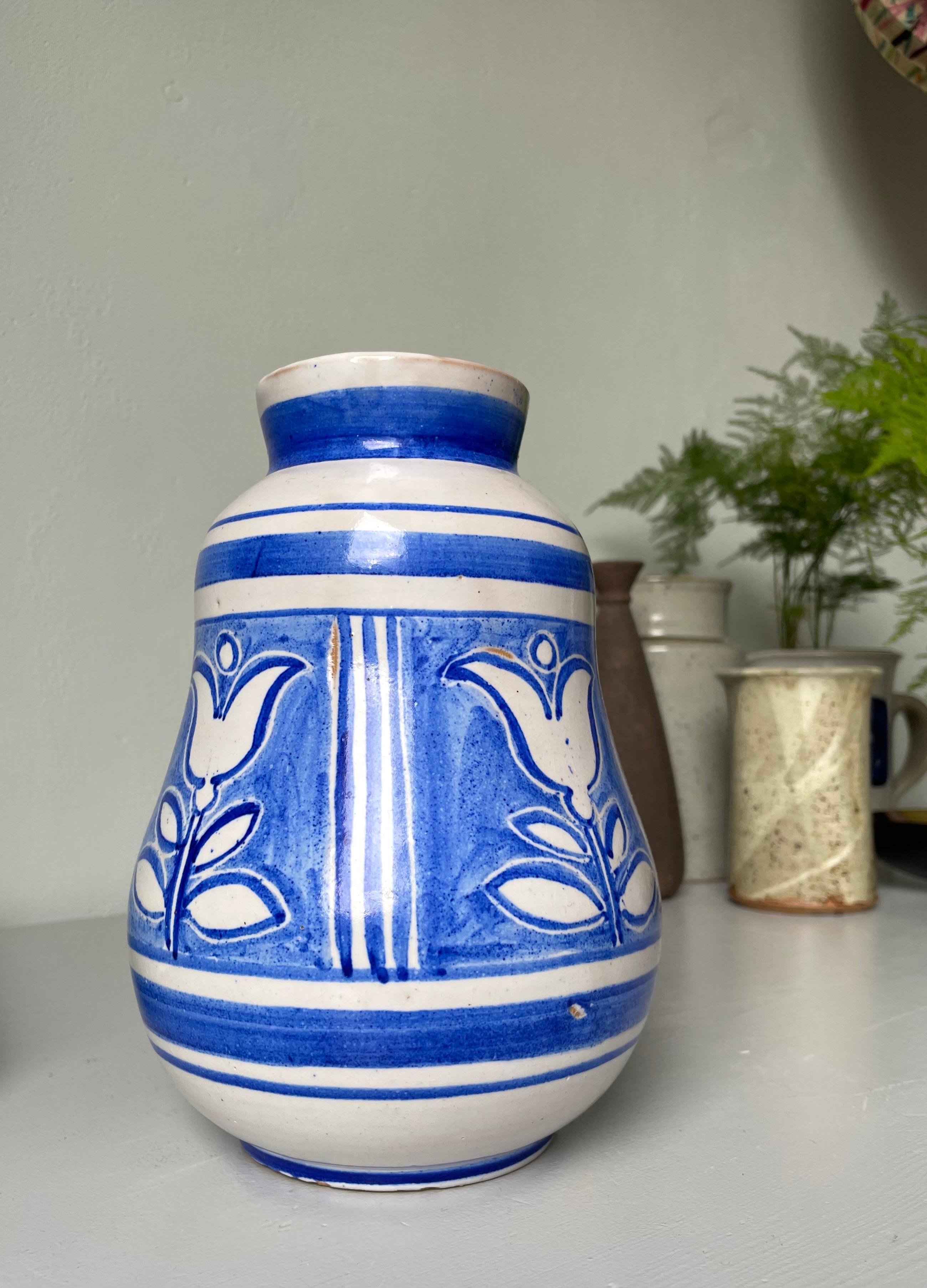 Glazed Nordic White Hand-Decorated Blue Floral Ceramic Vase, 1950s For Sale