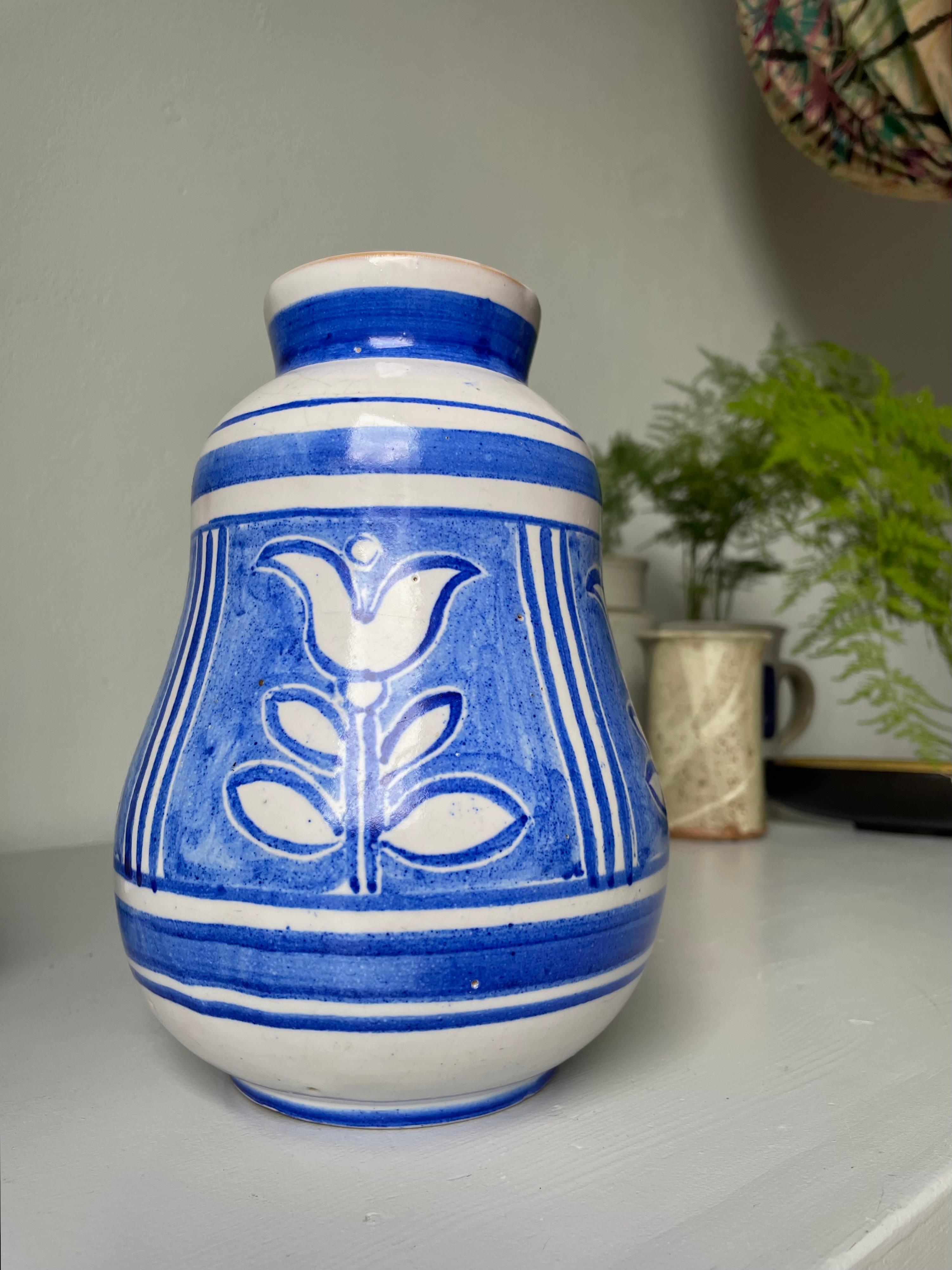 Nordic White Hand-Decorated Blue Floral Ceramic Vase, 1950s For Sale 1