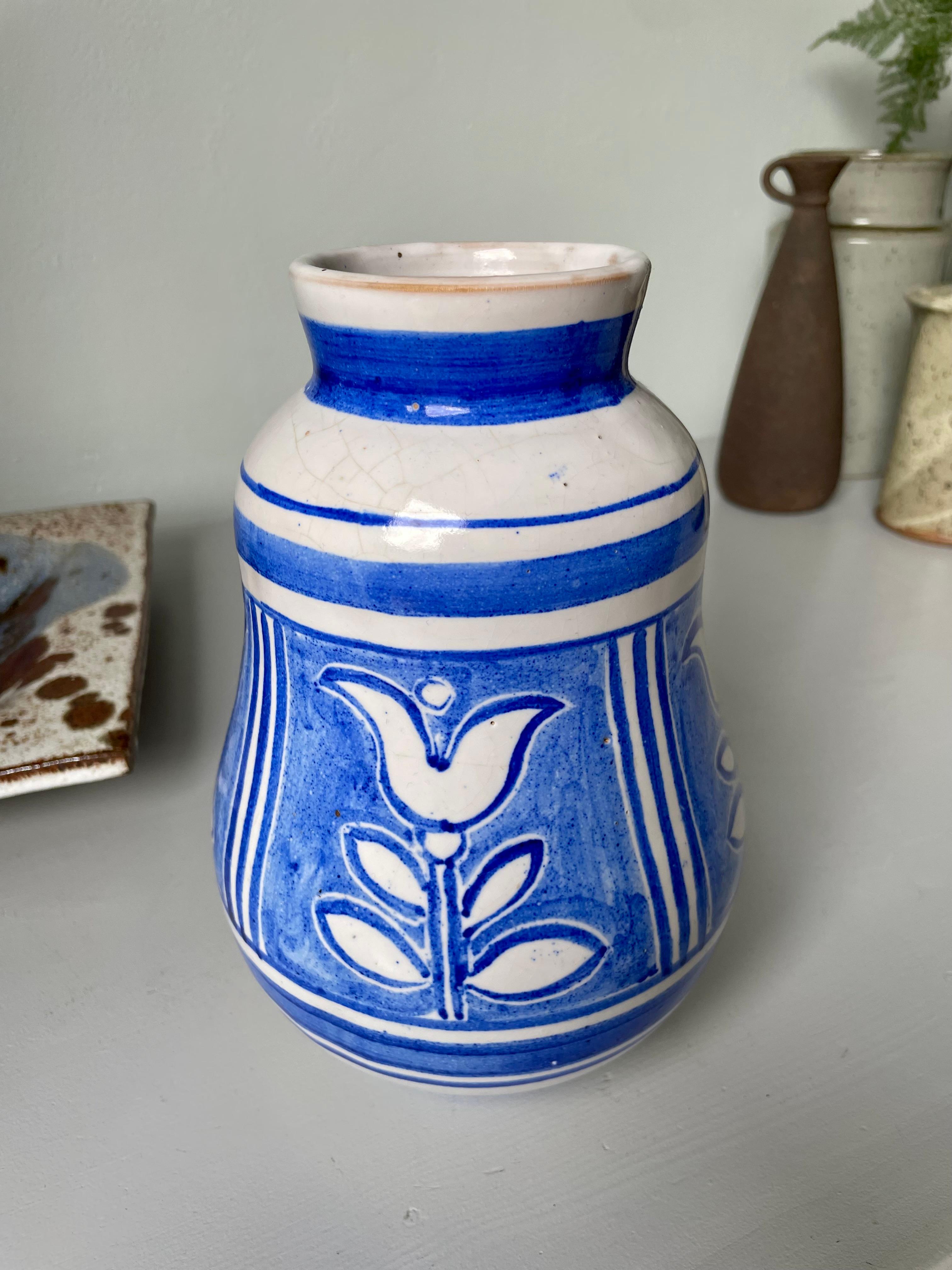 Nordic White Hand-Decorated Blue Floral Ceramic Vase, 1950s For Sale 2