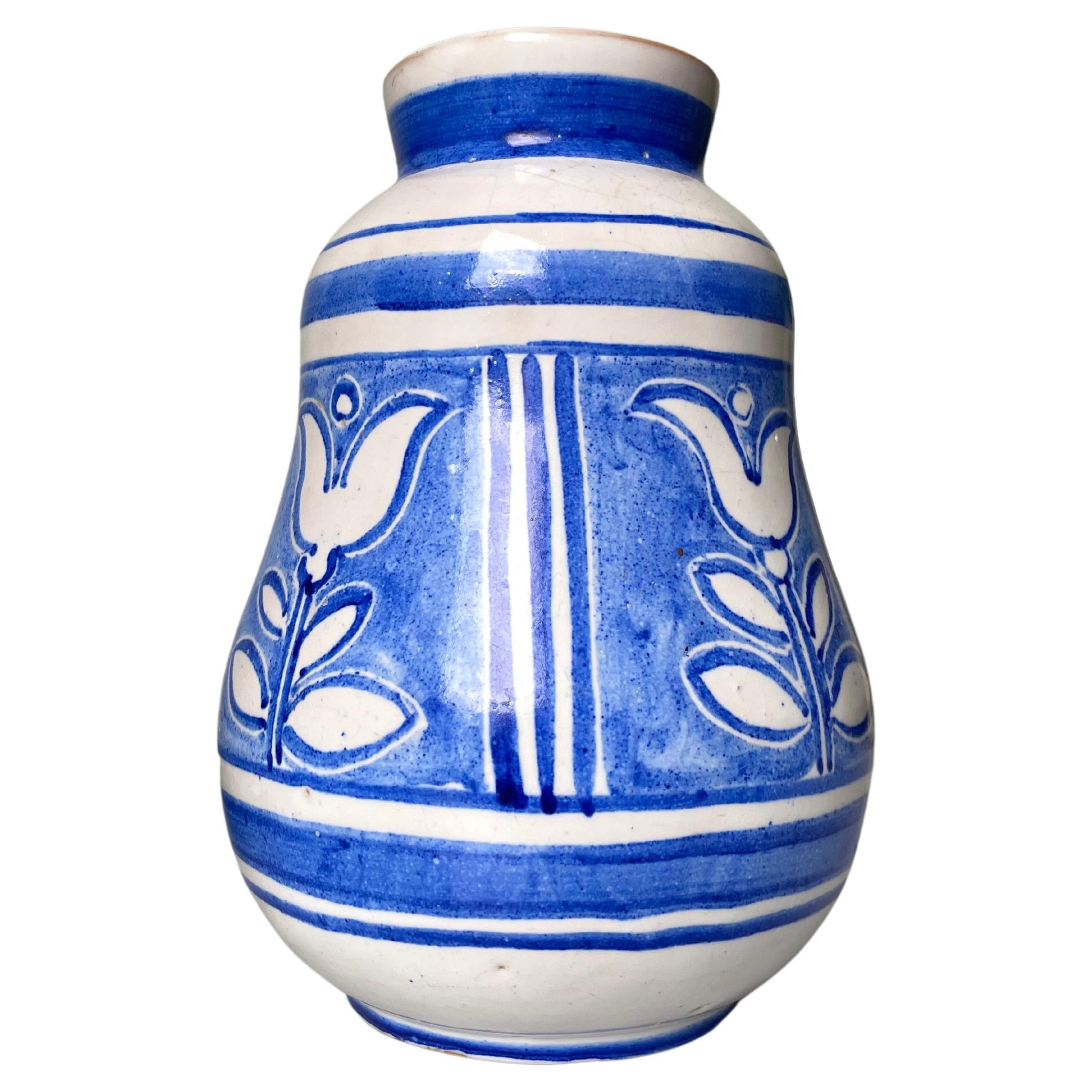Nordic White Hand-Decorated Blue Floral Ceramic Vase, 1950s For Sale