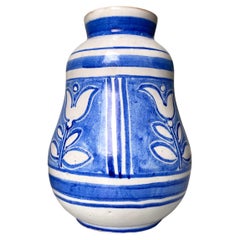Nordic White Hand-Decorated Blue Floral Ceramic Vase, 1950s