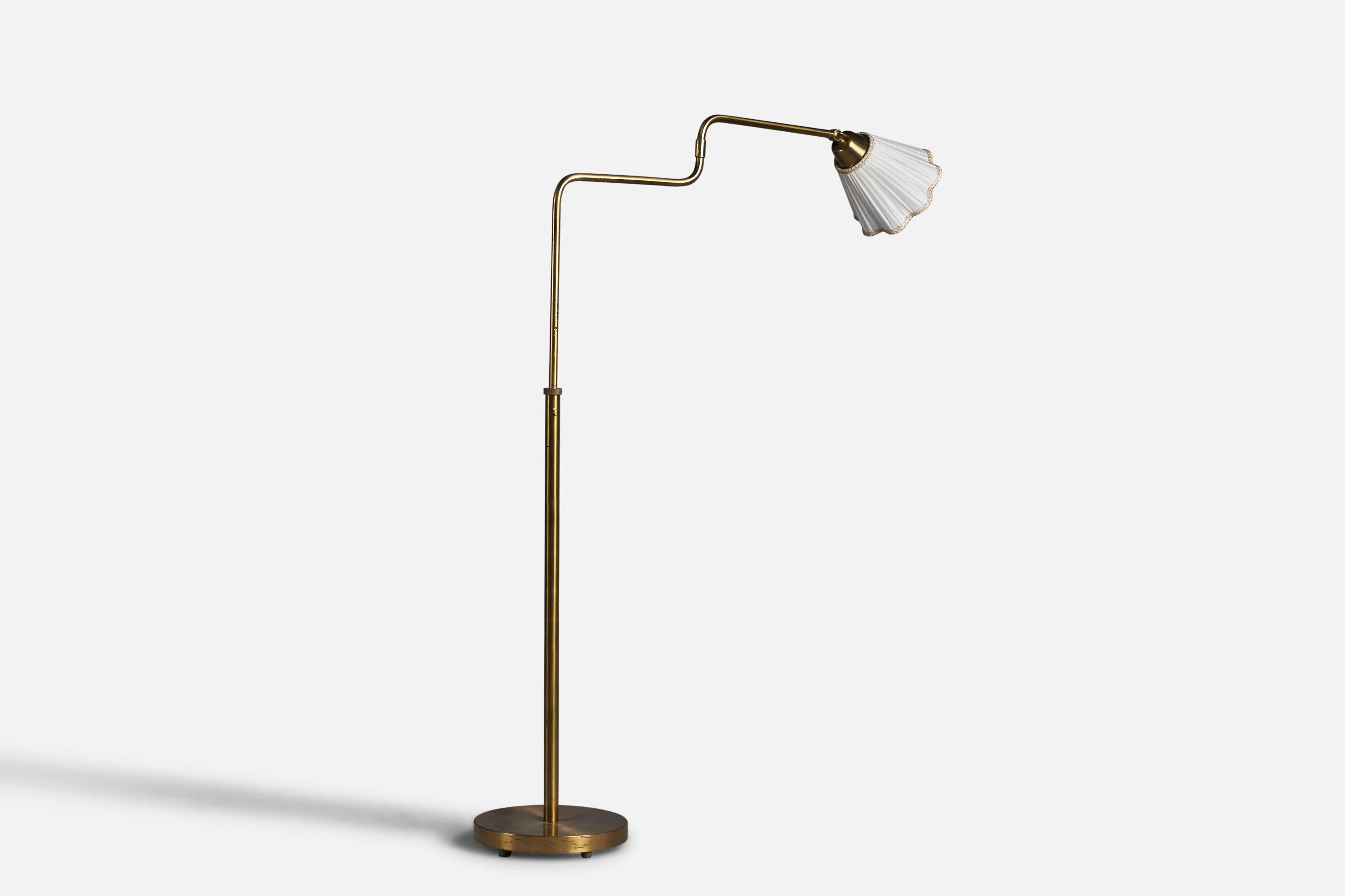 Scandinavian Modern Nordiska Kompaniet, Adjustable Floor Lamp, Brass, Fabric, Sweden, 1940s For Sale