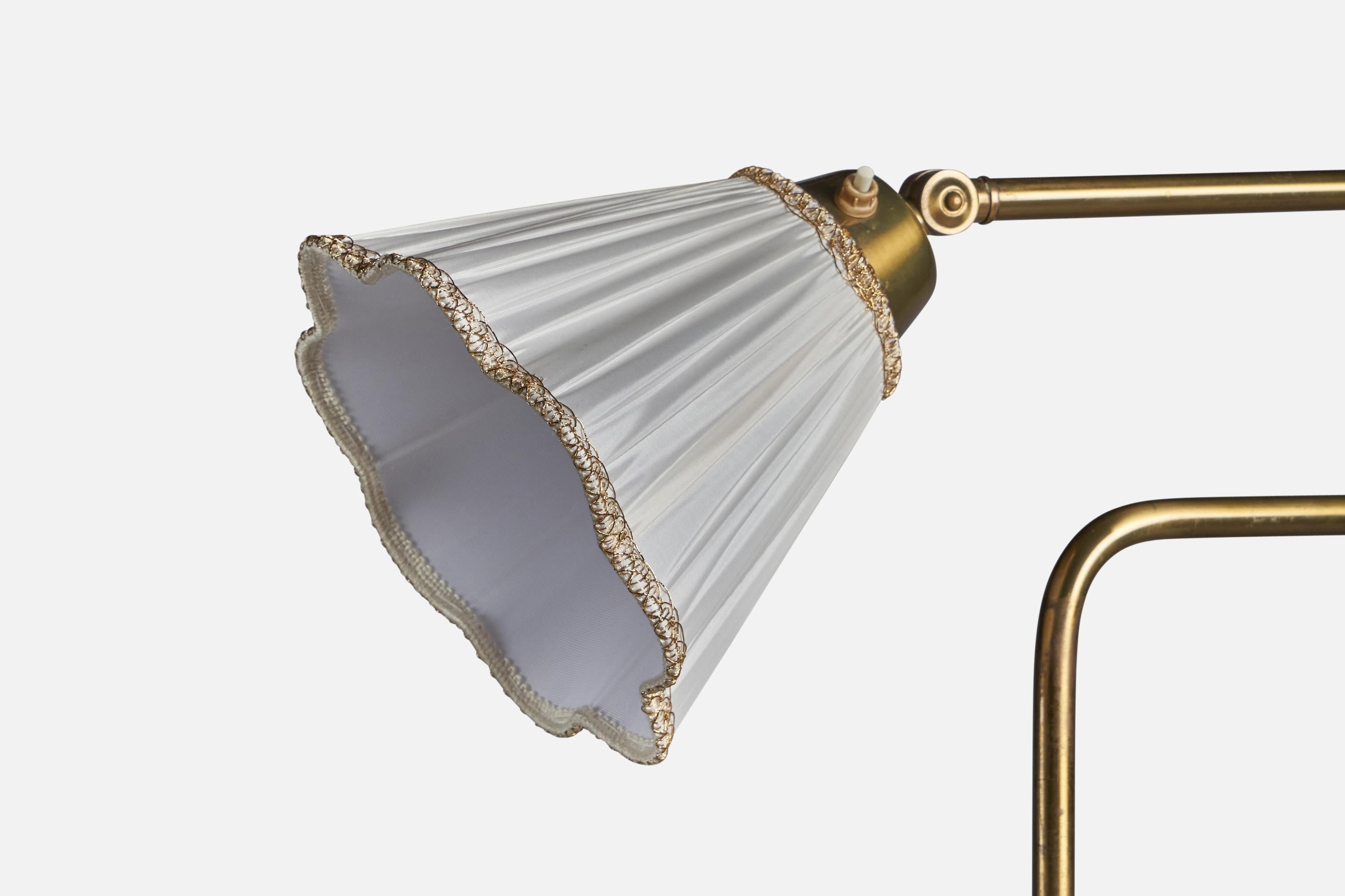 Swedish Nordiska Kompaniet, Adjustable Floor Lamp, Brass, Fabric, Sweden, 1940s For Sale