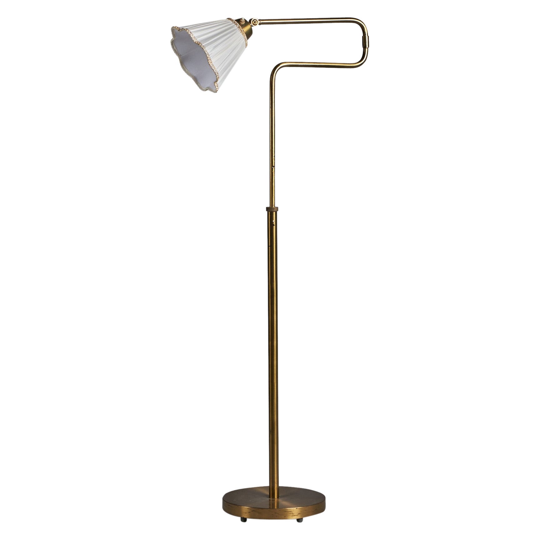 Nordiska Kompaniet, Adjustable Floor Lamp, Brass, Fabric, Sweden, 1940s