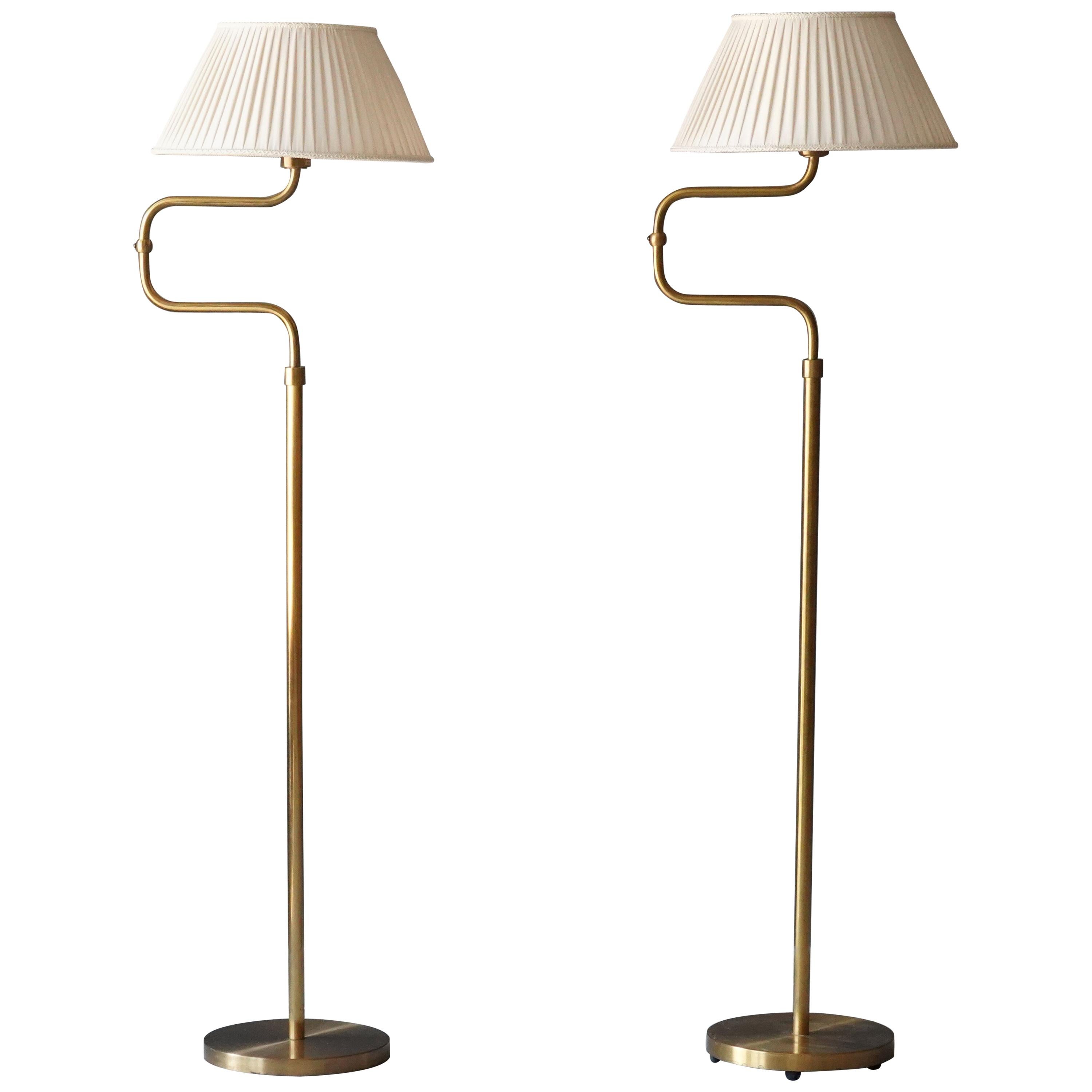 Nordiska Kompaniet, Adjustable Floor Lamps, Brass, White Fabric, Sweden, 1940s