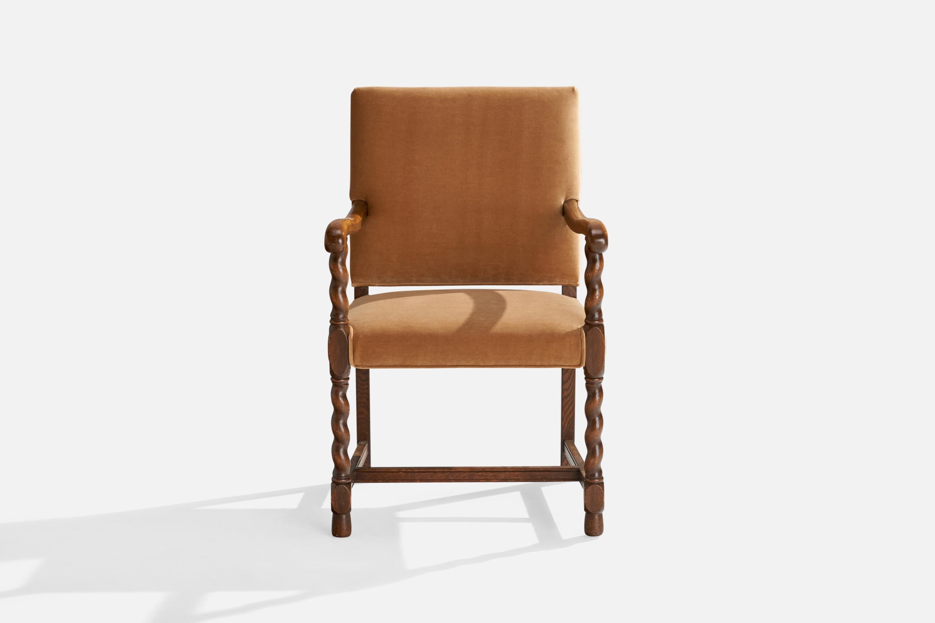 Swedish Nordiska Kompaniet, Armchair, Oak, Velvet, Sweden, 1920s For Sale