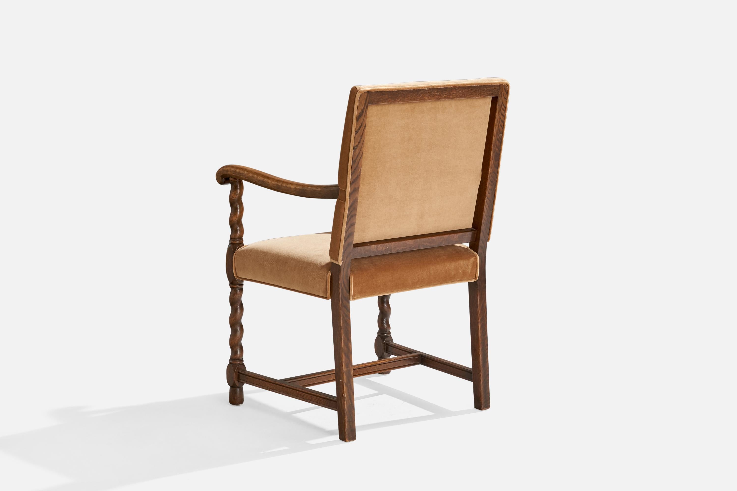 Nordiska Kompaniet, Armchair, Oak, Velvet, Sweden, 1920s In Good Condition For Sale In High Point, NC