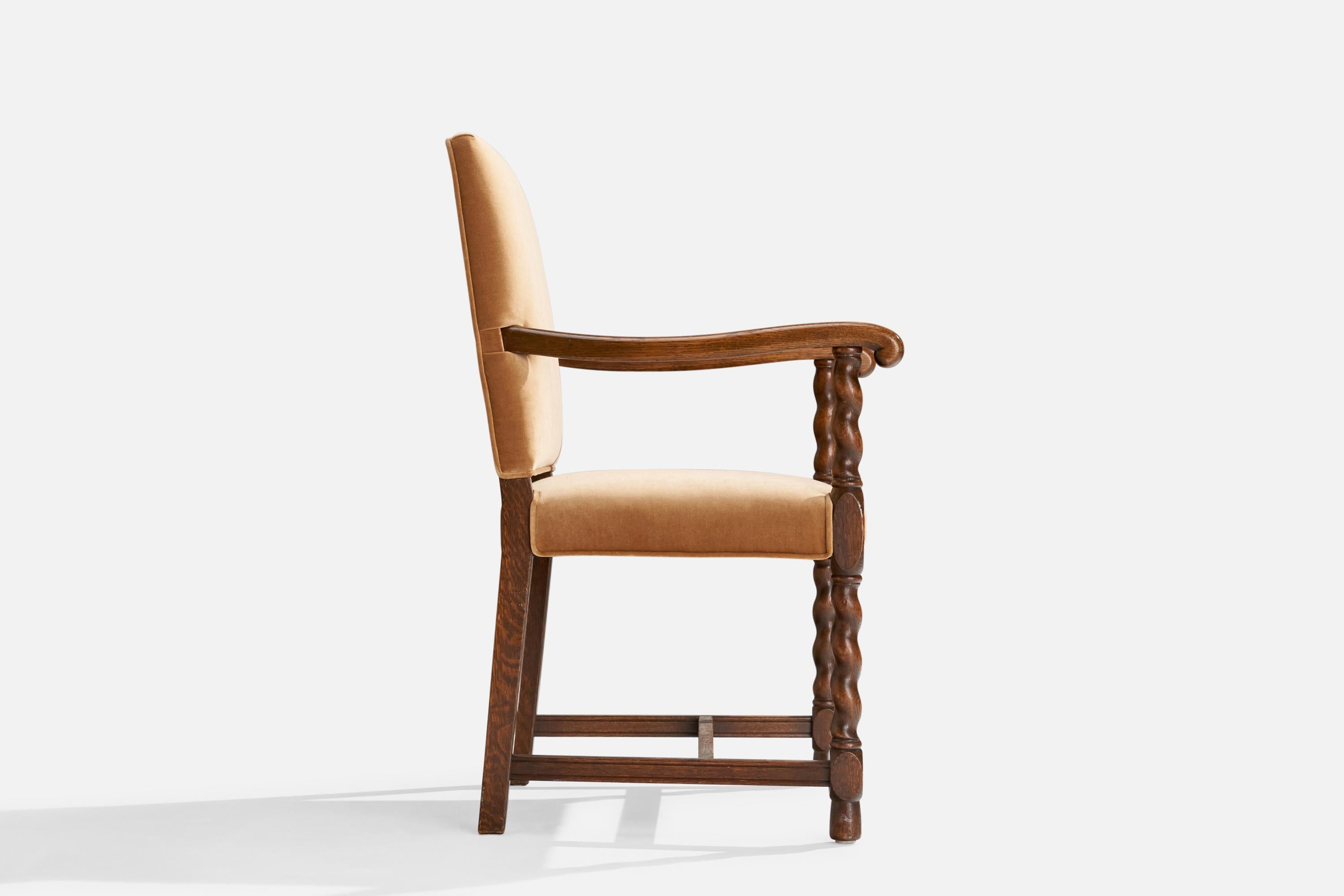 Early 20th Century Nordiska Kompaniet, Armchair, Oak, Velvet, Sweden, 1920s For Sale