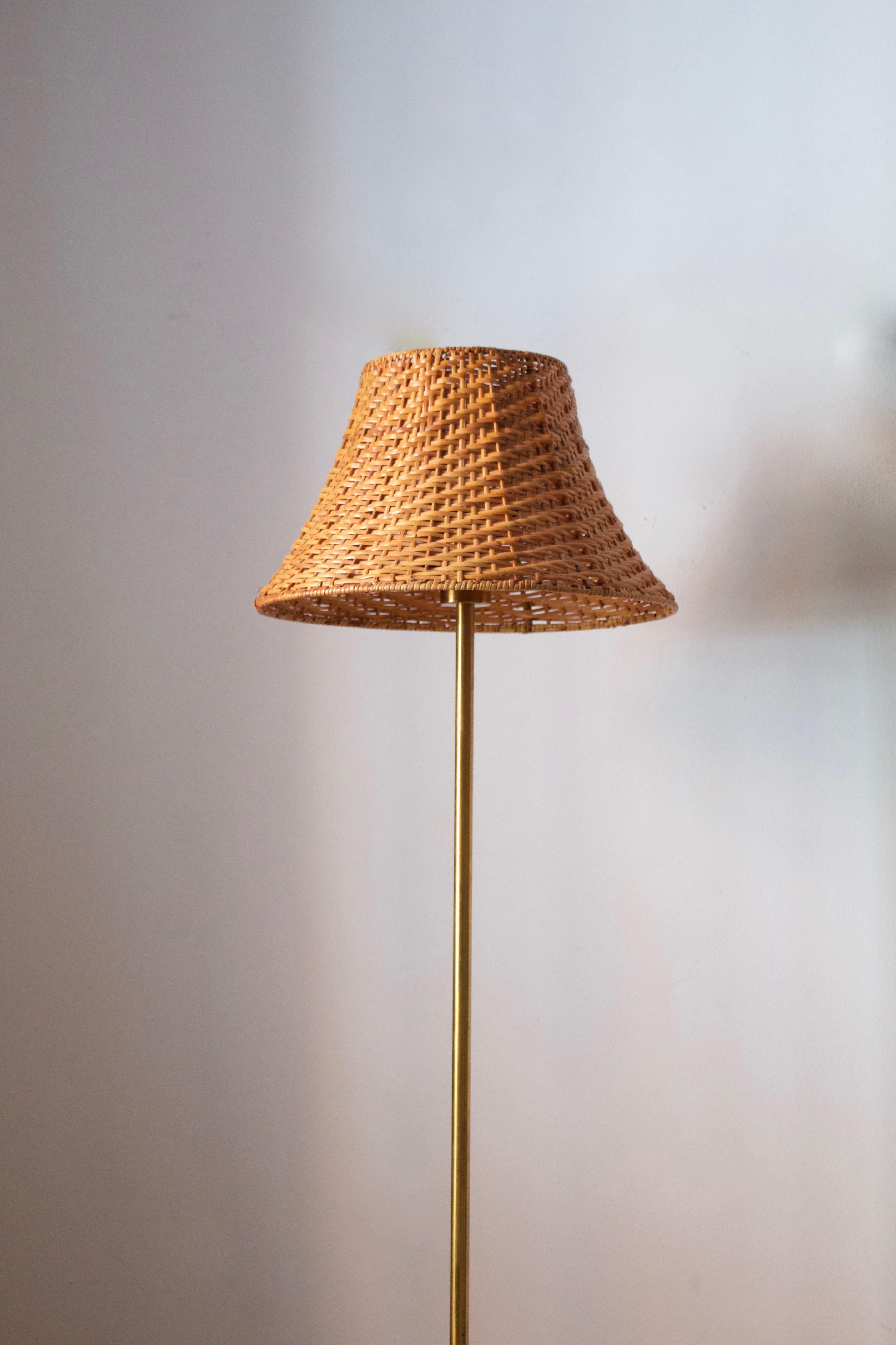 Scandinavian Modern Nordiska Kompaniet, Floor Lamp, Brass, Rattan, Sweden, 1940s