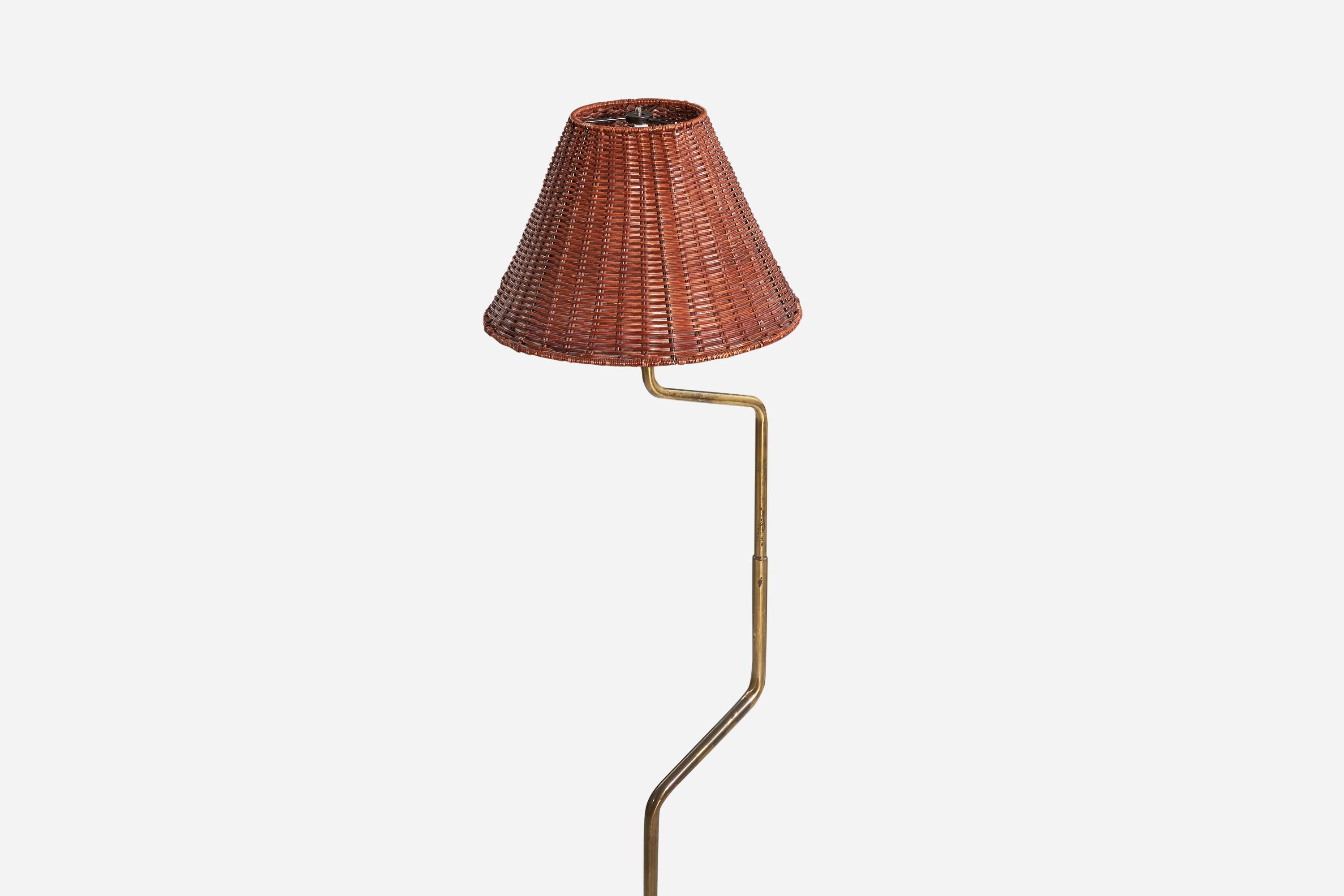 Scandinavian Modern Nordiska Kompaniet, Floor Lamp, Brass, Rattan, Sweden, 1950s For Sale