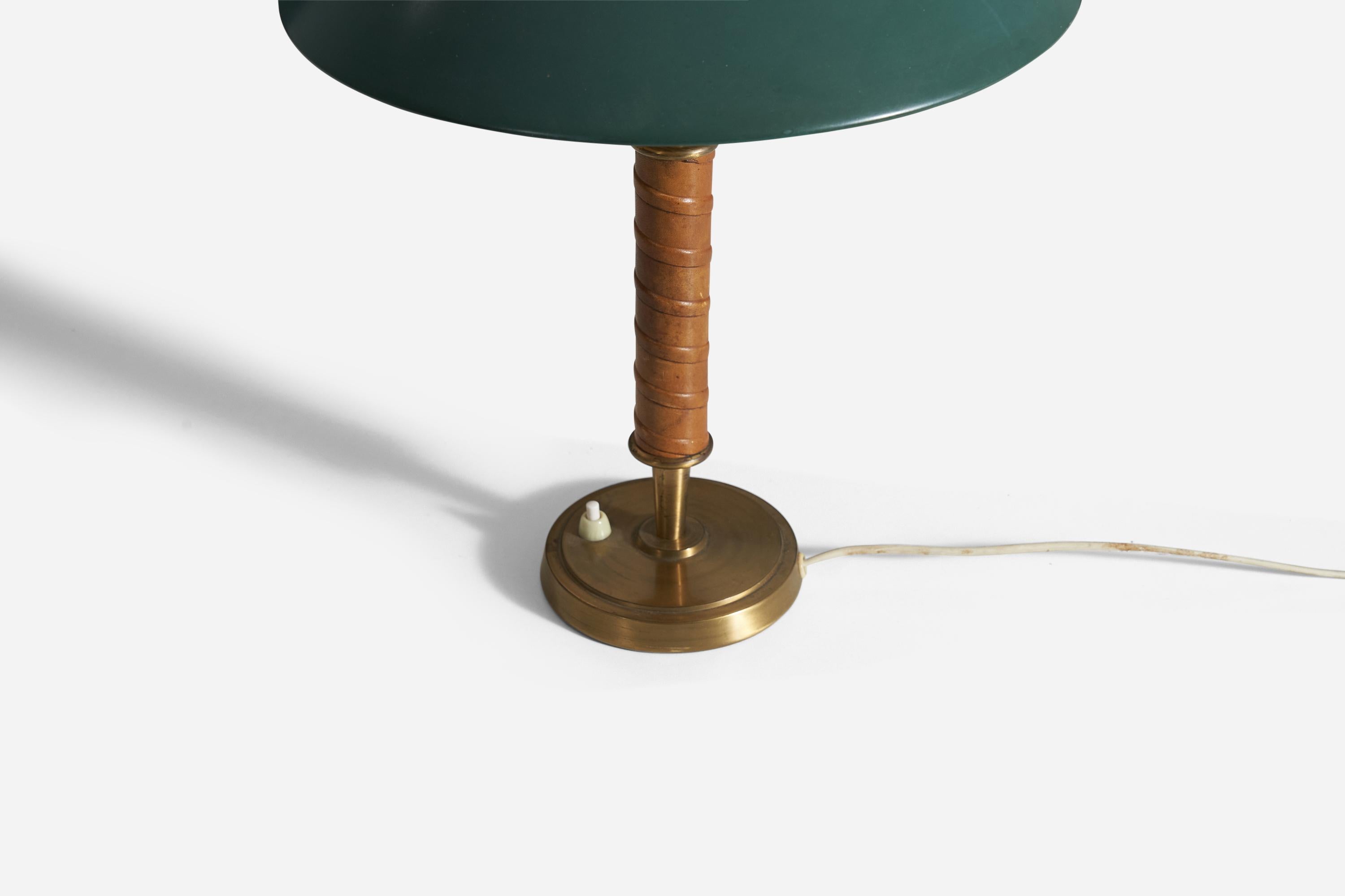 Nordiska Kompaniet, Table Lamp, Brass, Leather, Lacquered Metal, Sweden, 1940s In Good Condition In High Point, NC