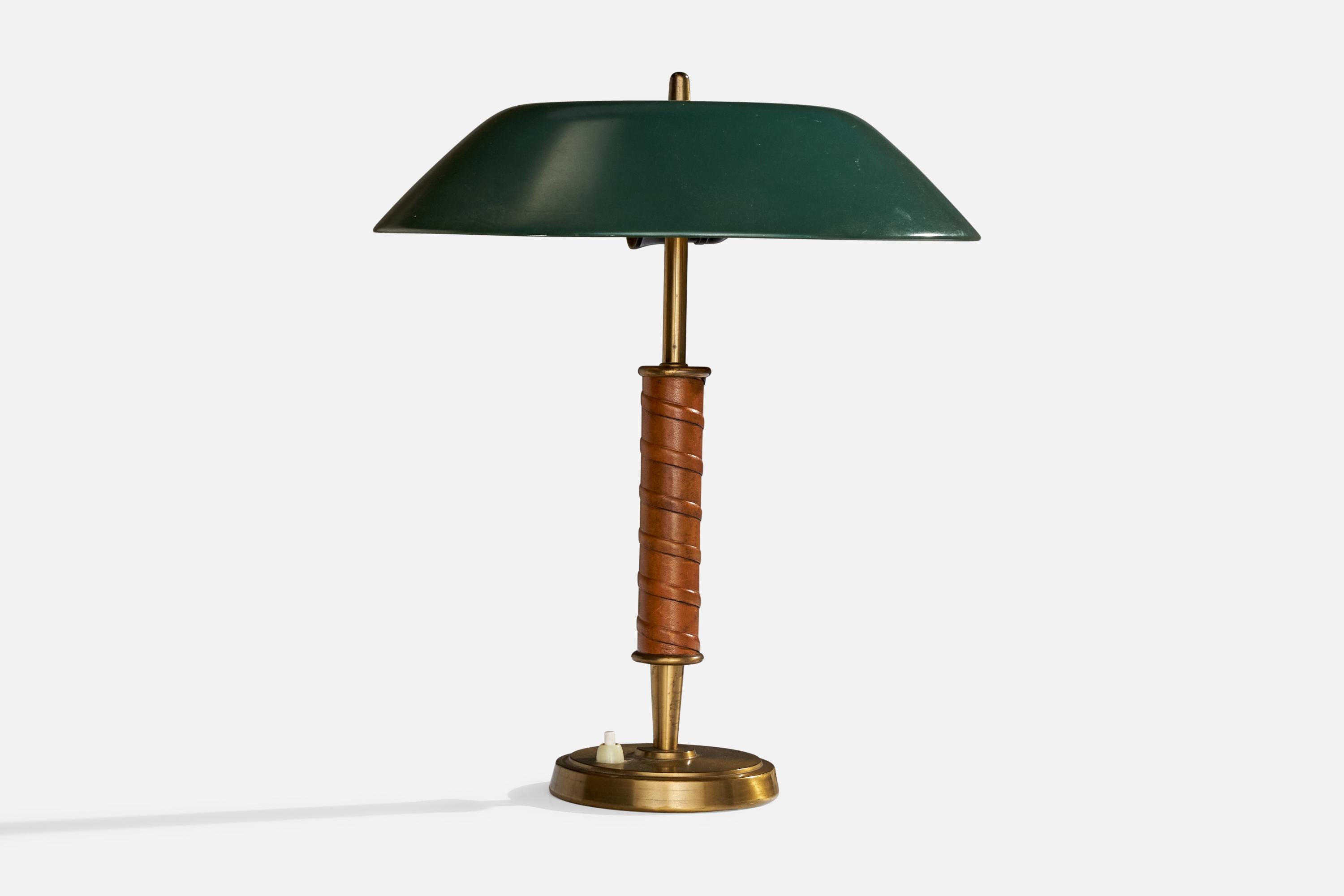 A brass, green-lacquered metal and leather table lamp produced by Nordiska Kompaniet, Sweden, c. 1940s.

Overall Dimensions (inches): 15.36”  H x 12.6” W x 12.6”  D
Stated dimensions include shade.
Bulb Specifications: E-26 Bulb
Number of Sockets: