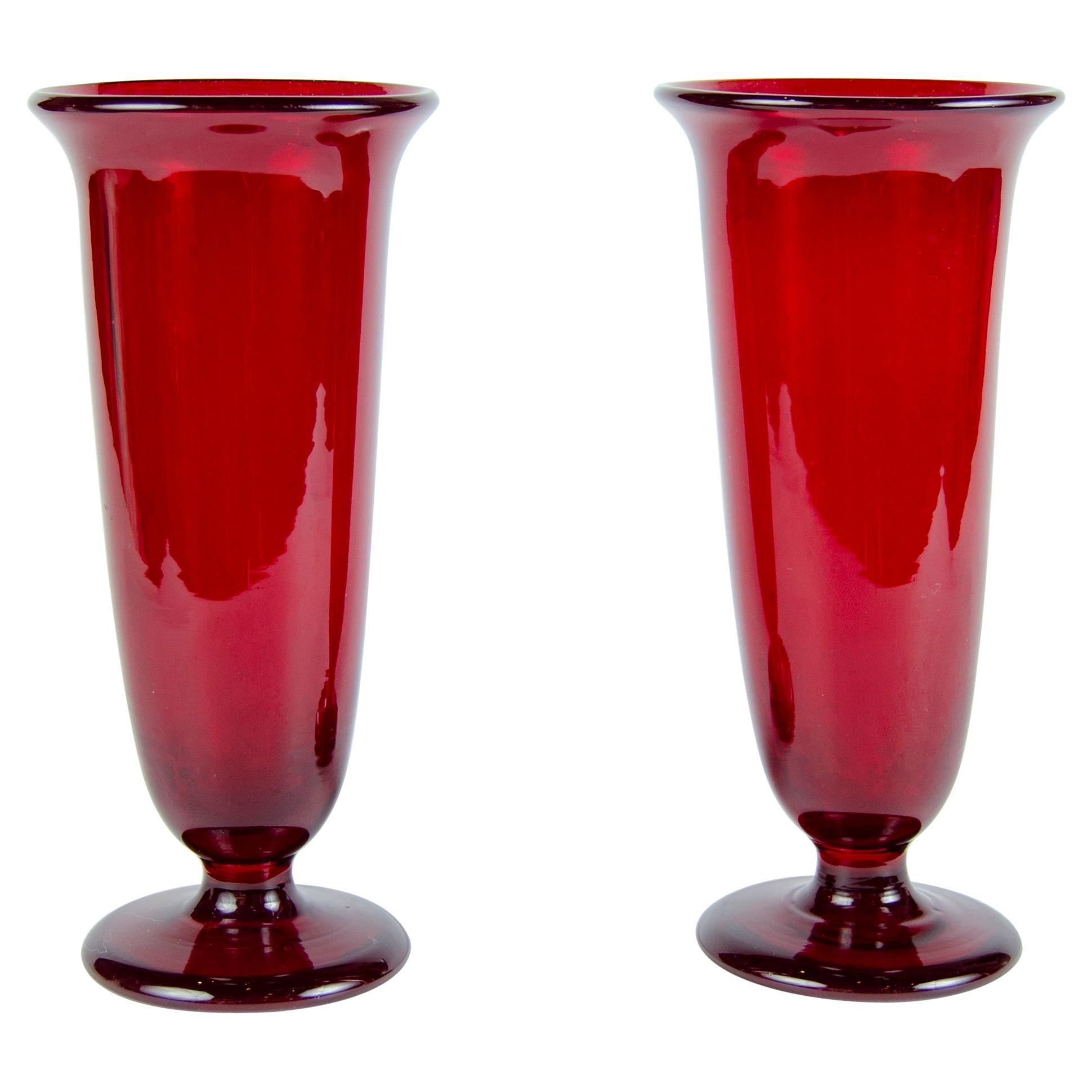 Beautiful Pair of French Red Guilloche Enamel Vases with Flowers at 1stDibs