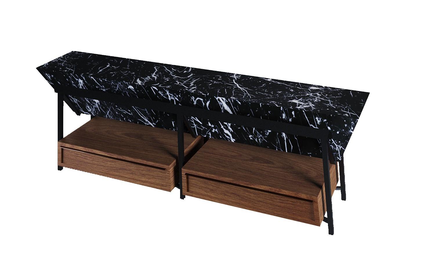 𝗣𝗿𝗼𝗱𝘂𝗰𝘁 𝗗𝗲𝘁𝗮𝗶𝗹𝘀:
TV console table designed in a triangular prism shape. The technology used to cut marble veneer in this console table allows it to be notably lighter as compared with a solid marble piece, while keeping a strong and