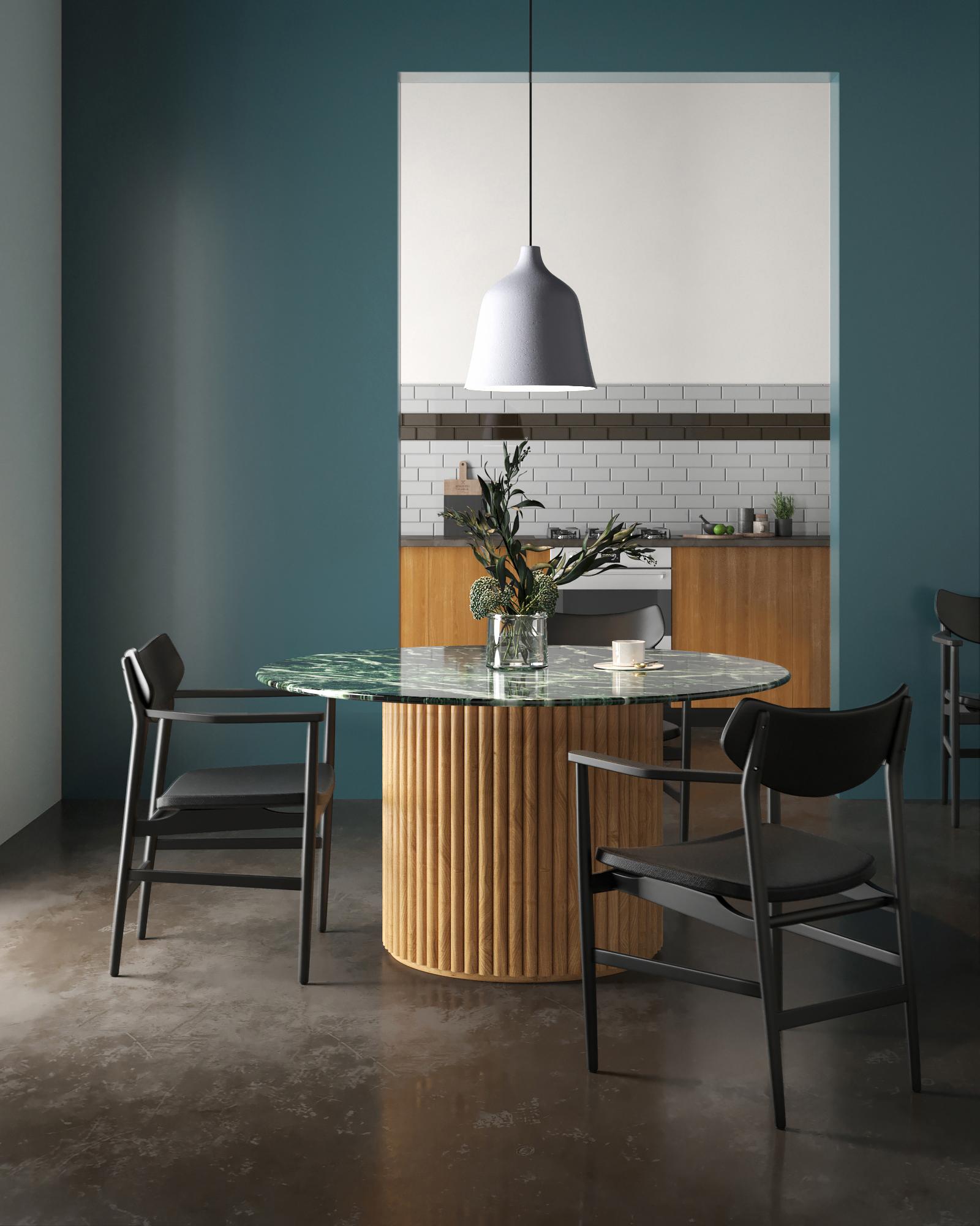 Scandinave moderne Table de salle à manger ronde Mette, marbre vert italien, design moderne danois, nouveau en vente