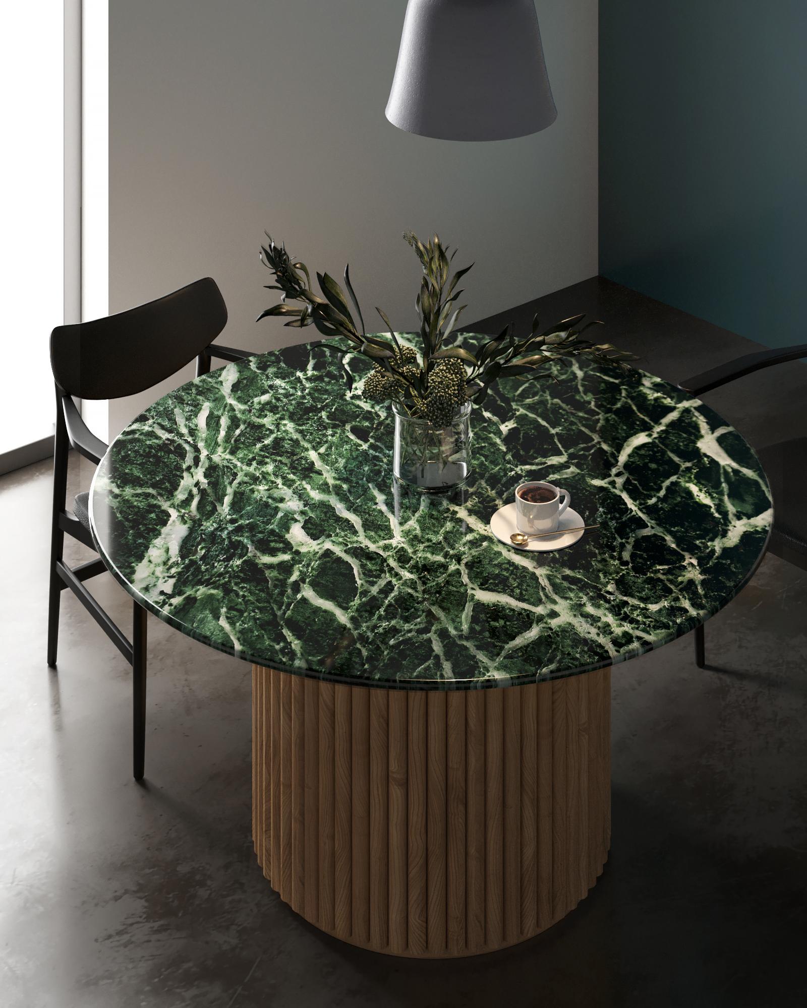 Chinois Table de salle à manger ronde Mette, marbre vert italien, design moderne danois, nouveau en vente