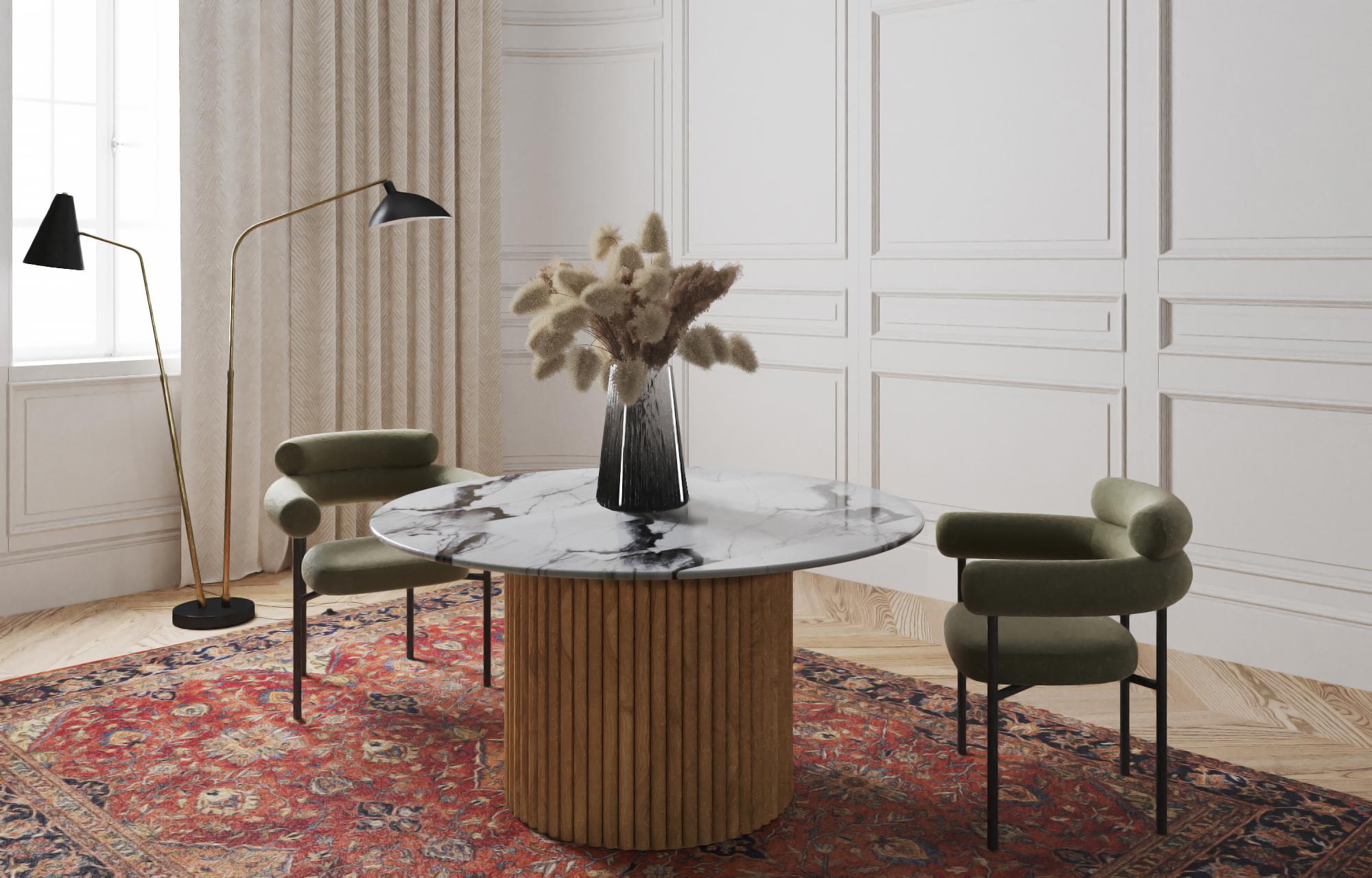 Brossé Table de salle à manger Mette, marbre blanc de montagne italien, design moderne danois en vente