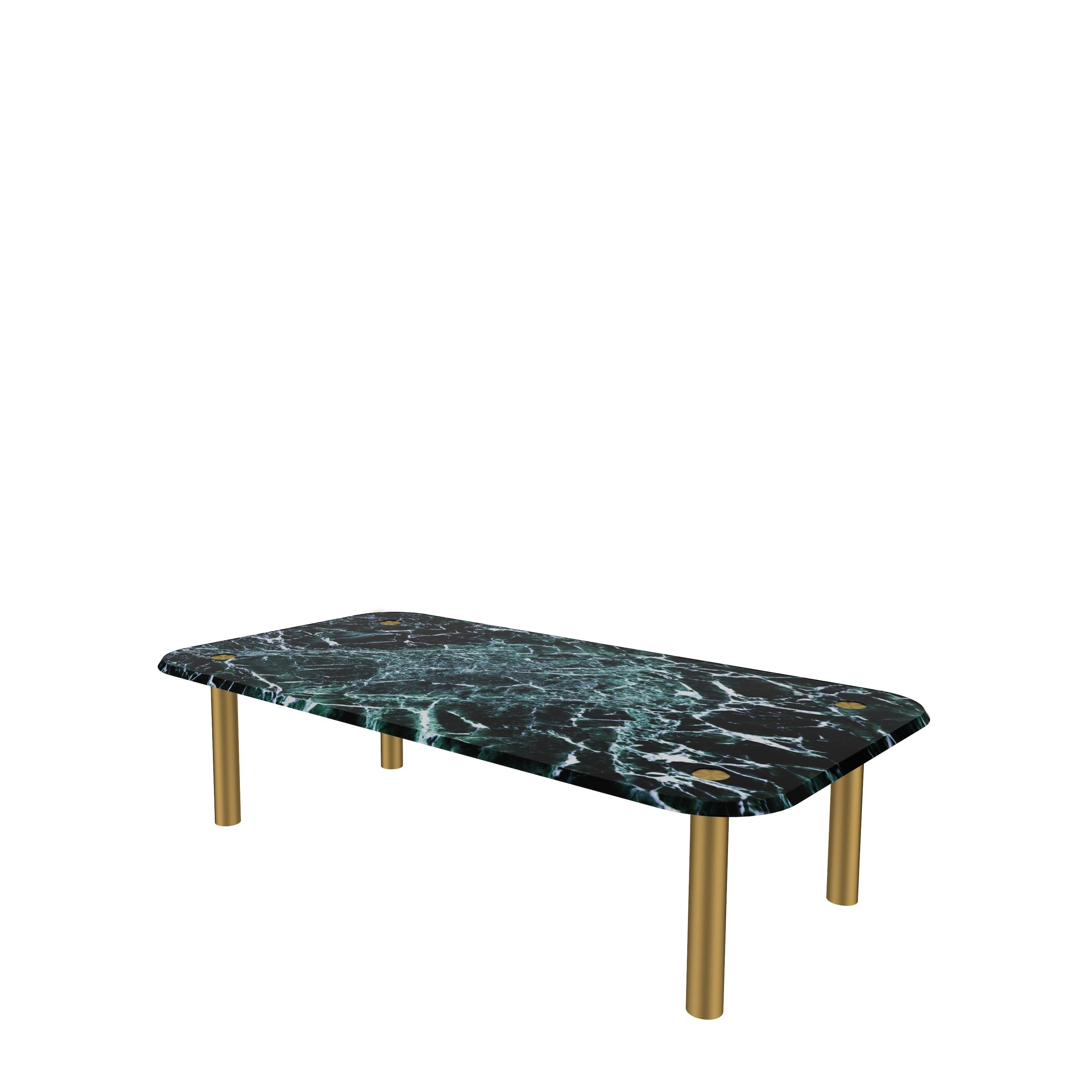 𝗣𝗿𝗼𝗱𝘂𝗰𝘁 𝗗𝗲𝘁𝗮𝗶𝗹𝘀:
Steady rectangular coffee table with frame going through the marble tabletop to expose the nicely done metalwork on the surface. The different heights of the smaller tables in this collection make them possible to