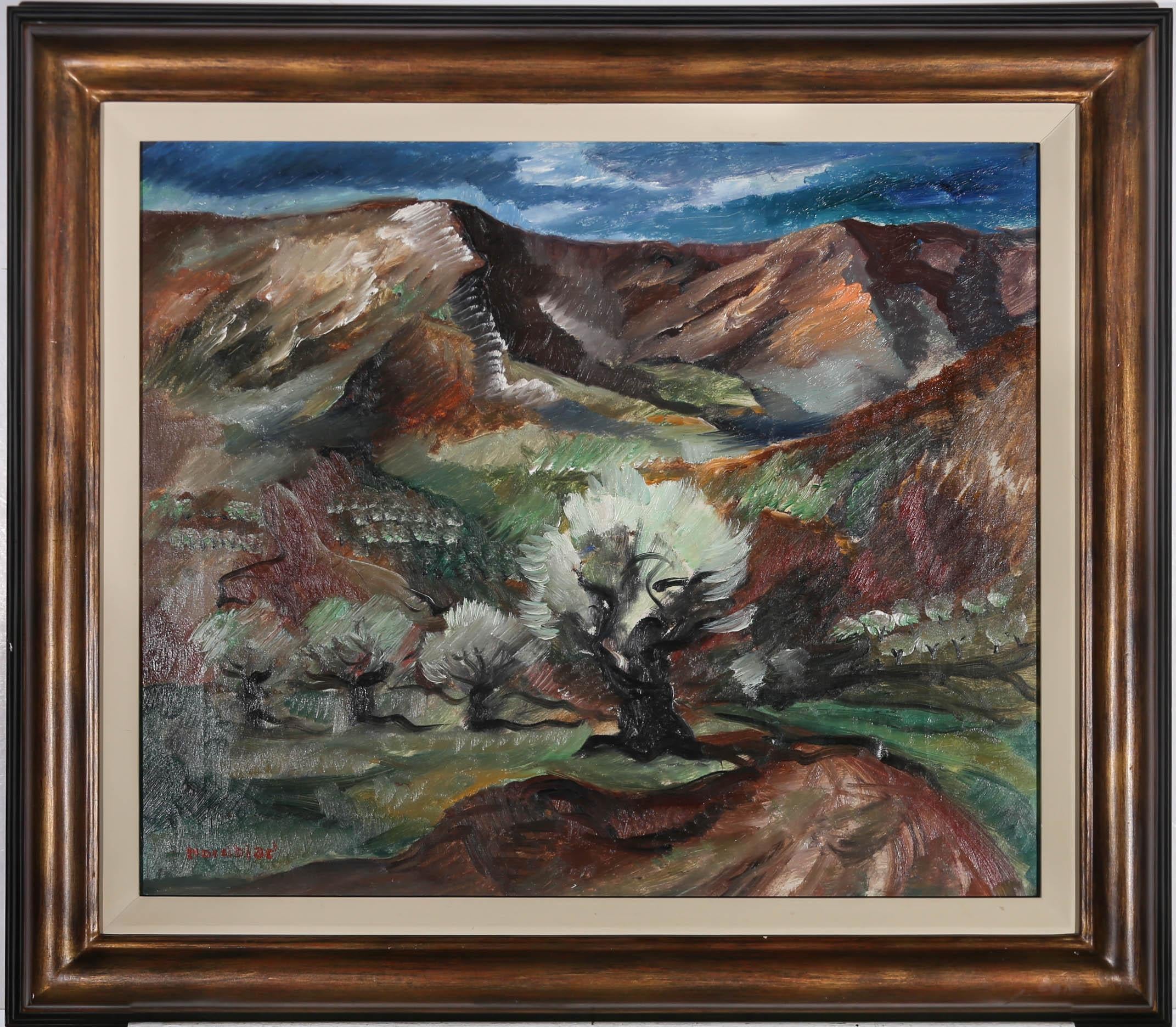 This expressive piece depicts a Norwegian landscape with dramatic mountains and curving paths. The artist captures the scene in an earthy palette and gestural brushstrokes, creating a great sense of movement within the composition. Signed to the