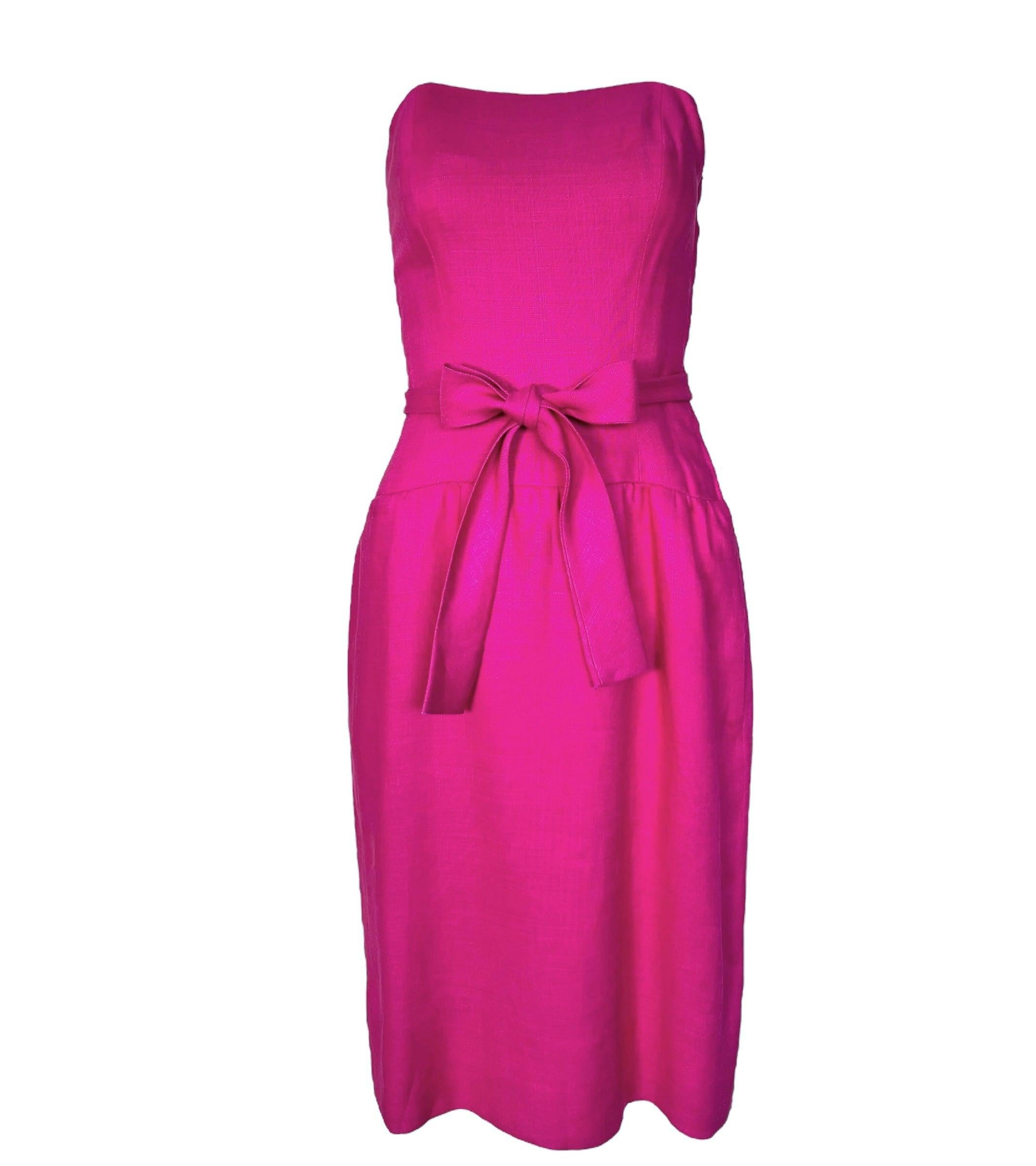 Rose Robe en lin rose vif avec nœud à la taille, Norells, années 1960 en vente