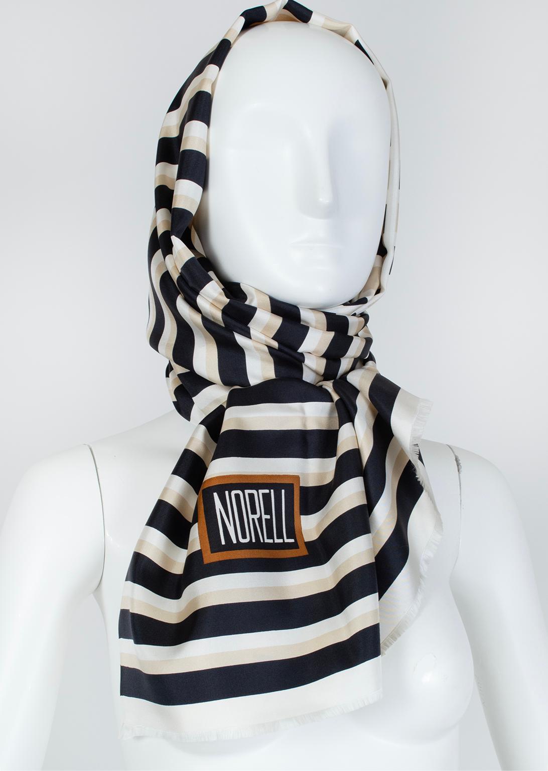 Norell Oversize Graphic Black Ivory Taupe Stripe Silk Scarf – 72” x 36”, 1960s In Excellent Condition For Sale In Tucson, AZ