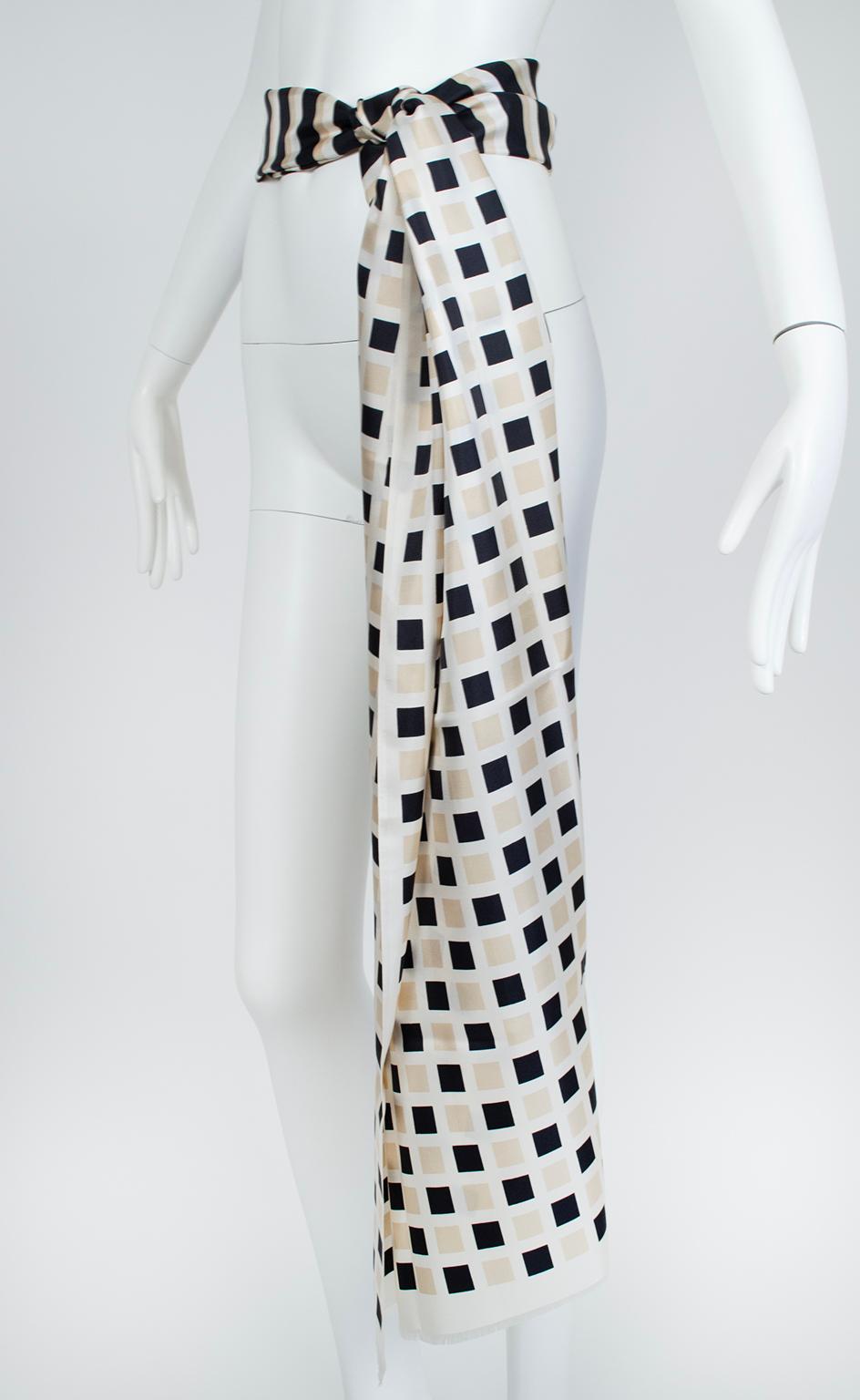 Norells Oversize Graphic Black Ivory Taupe Stripe Silk Scarf - 72 x 36, 1960s en vente 1