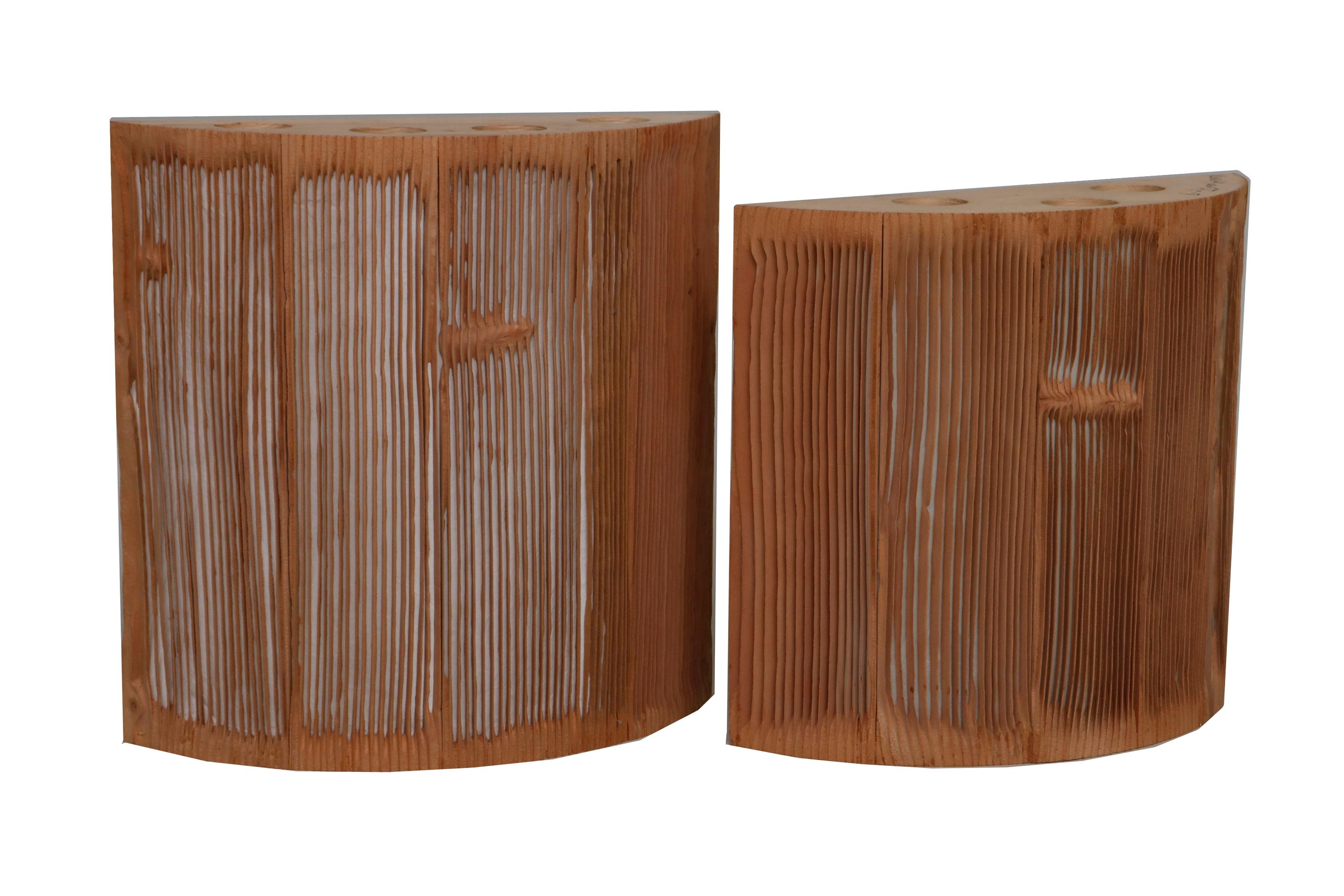 These exquisite sand blasted, Douglas Fir and paper sconces were designed by Japanese born artist and designer Nori Morimoto they were used as wall sconces at the first Iteration of the New York City 